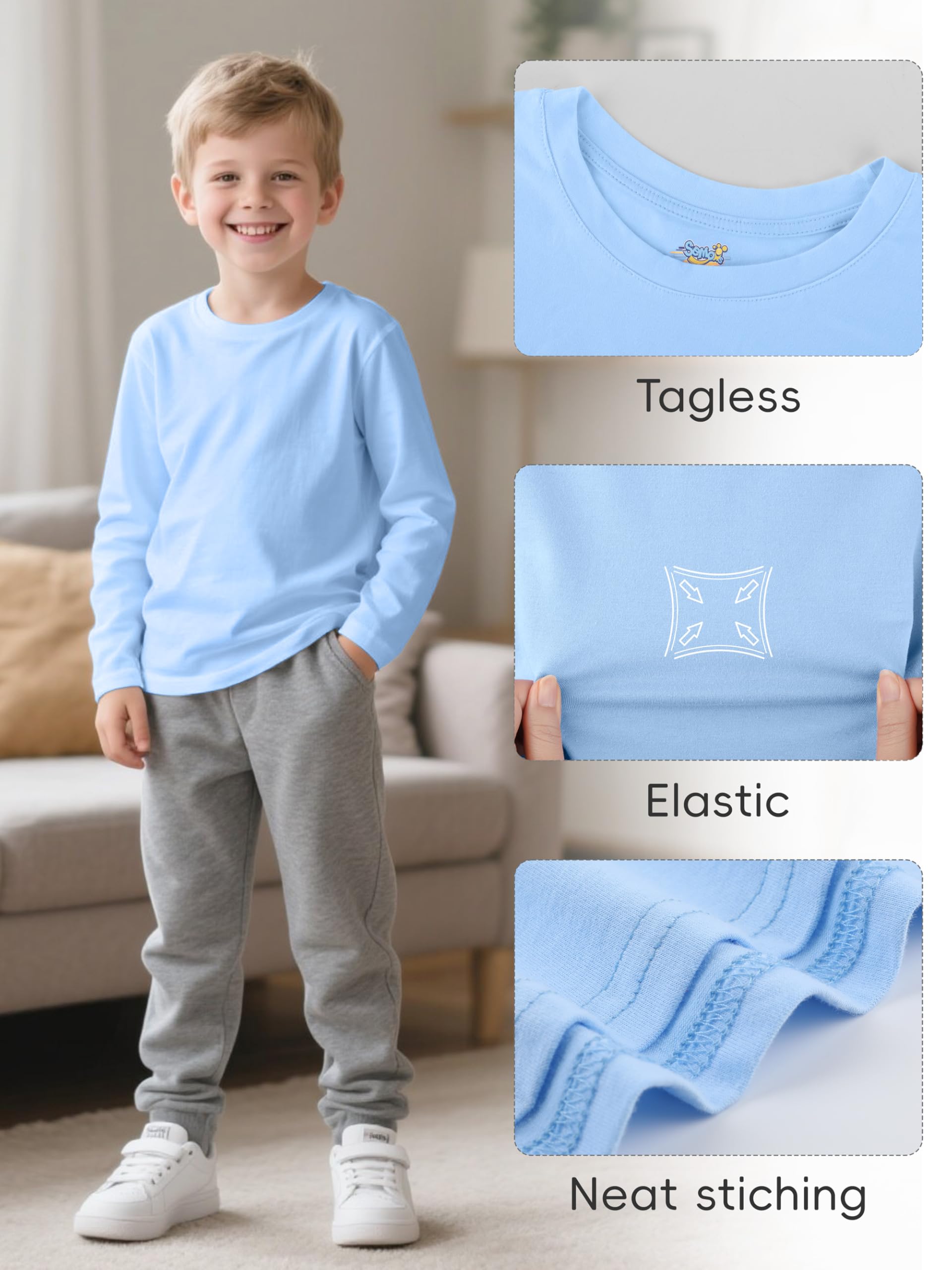 Semois 5er-Pack Jungen Langarmshirts Jungen Baumwolle Rundhals Basic Tees Soft Kinder Langarm T-Shirts Top