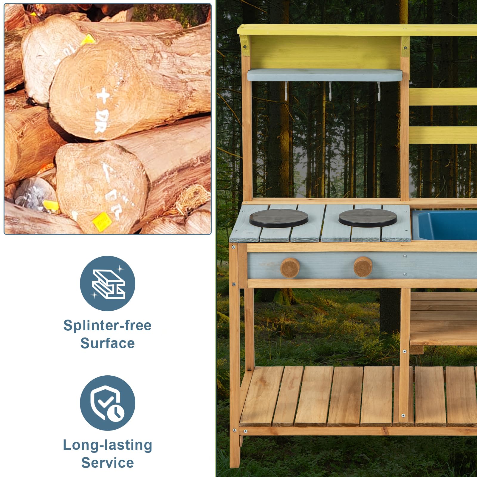 HOMASIS Cucina Giocattolo per Bambini in Legno, Cucinetta per Bambini Interattiva con 3 Ganci, 1 Lavandino e 2 Fornelli, Giocattolo Educativo per Bambini da 3+ Anni, 75 x 36 x 92 cm (Naturale)