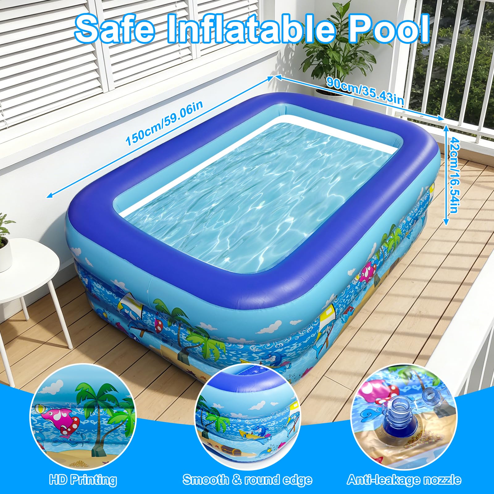 Aufblasbarer Pool 150 x 105 cm, Erweiterter Erholungsbereich für Erwachsene und Haustiere, Sommer-Wasserspiel mit Rutschfester Boden