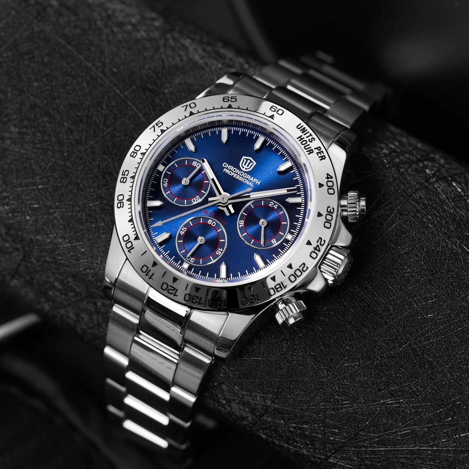 watchdives Chronograph Armbanduhr, WD16500 V2 Quarz Herrenuhren Japan VK63 Meca-Quartz Uhrwerk 38mm Saphirglas Armbanduhr 100M wasserdichte Sportuhr, Edelstahl Armband