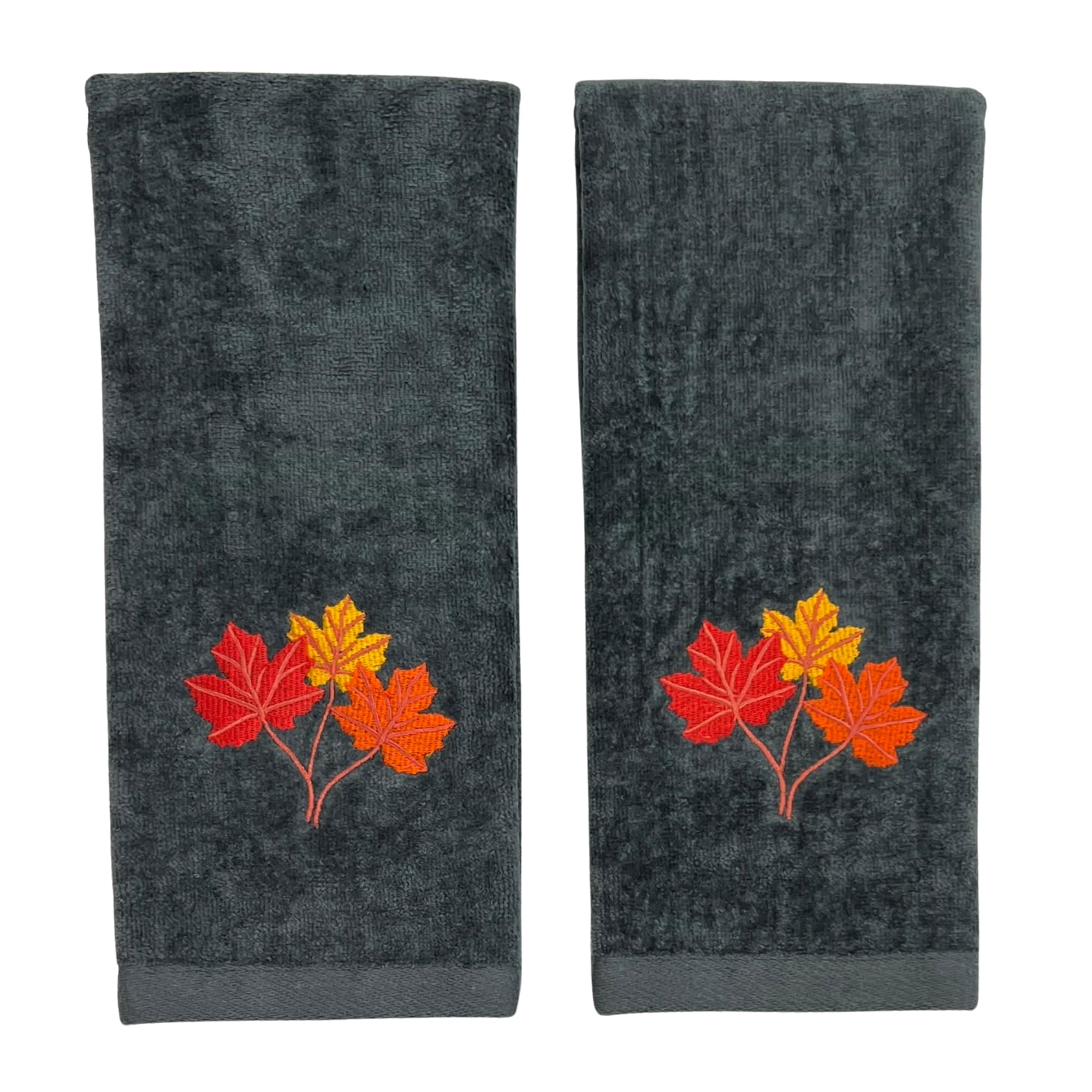Harvest Fall Bath Hand Towels: Plush Gray Cotton Towels with Autumn Leaf Design Set of 2, 16" x 25" Inch