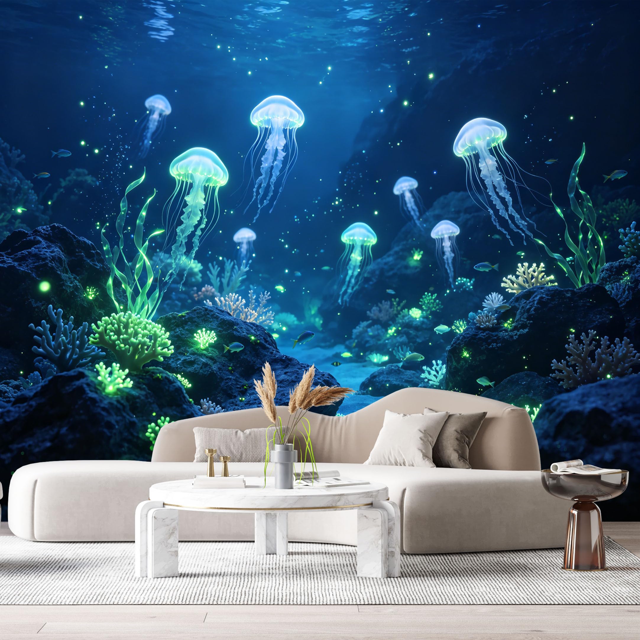 Custom Size Wall Murals Ocean Marine 3D Bioluminescent Jellyfish Coral Reef SelfAdhesiveWall Fabric Removable Wallpaper Wall Decor for Living Room Bedroom Bathroom