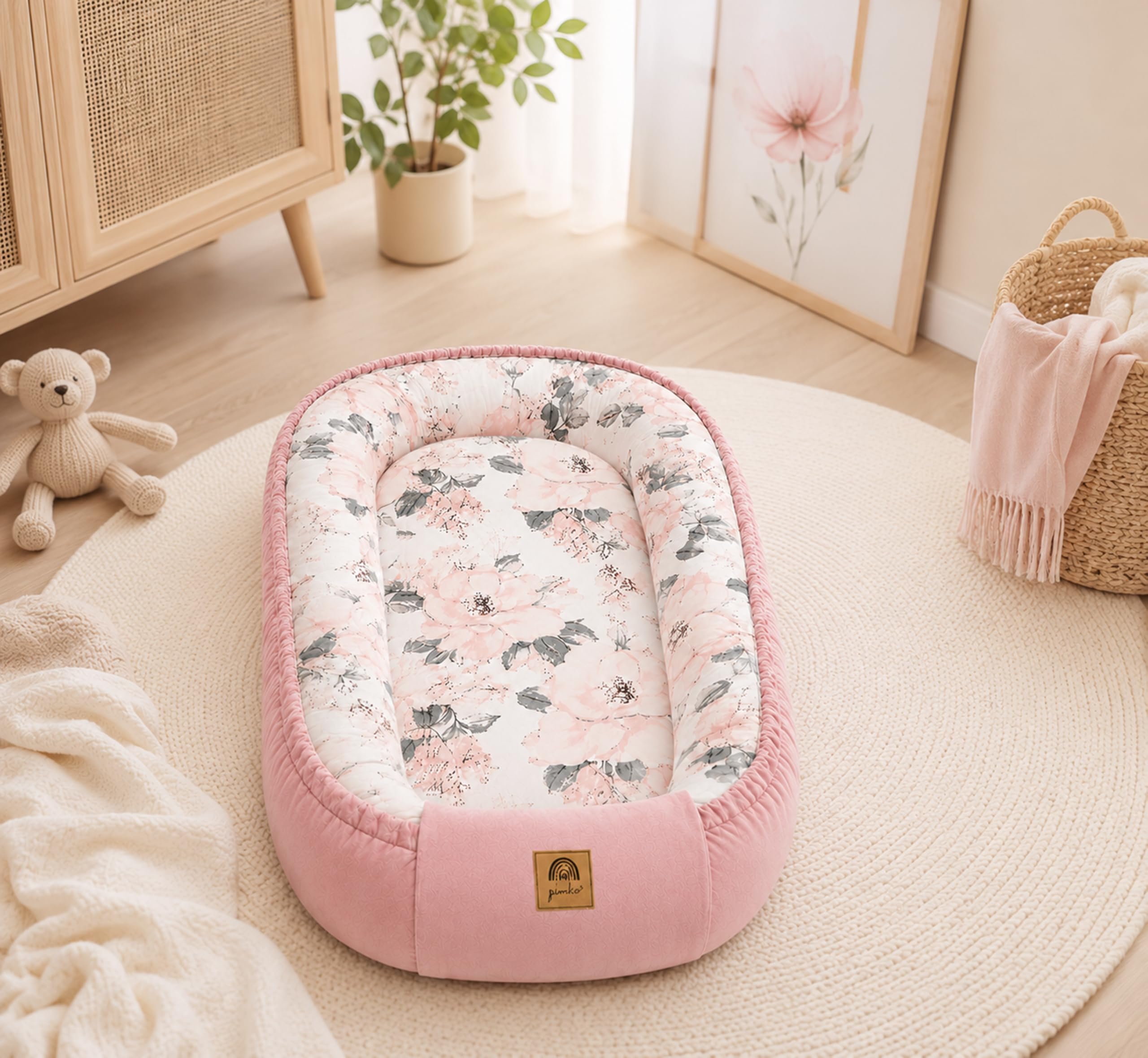 Pimko Terciopelo multifuncional para niños, reductor para cama de bebé, cuna de viaje, de algodón, 55 x 90 cm (rosa)