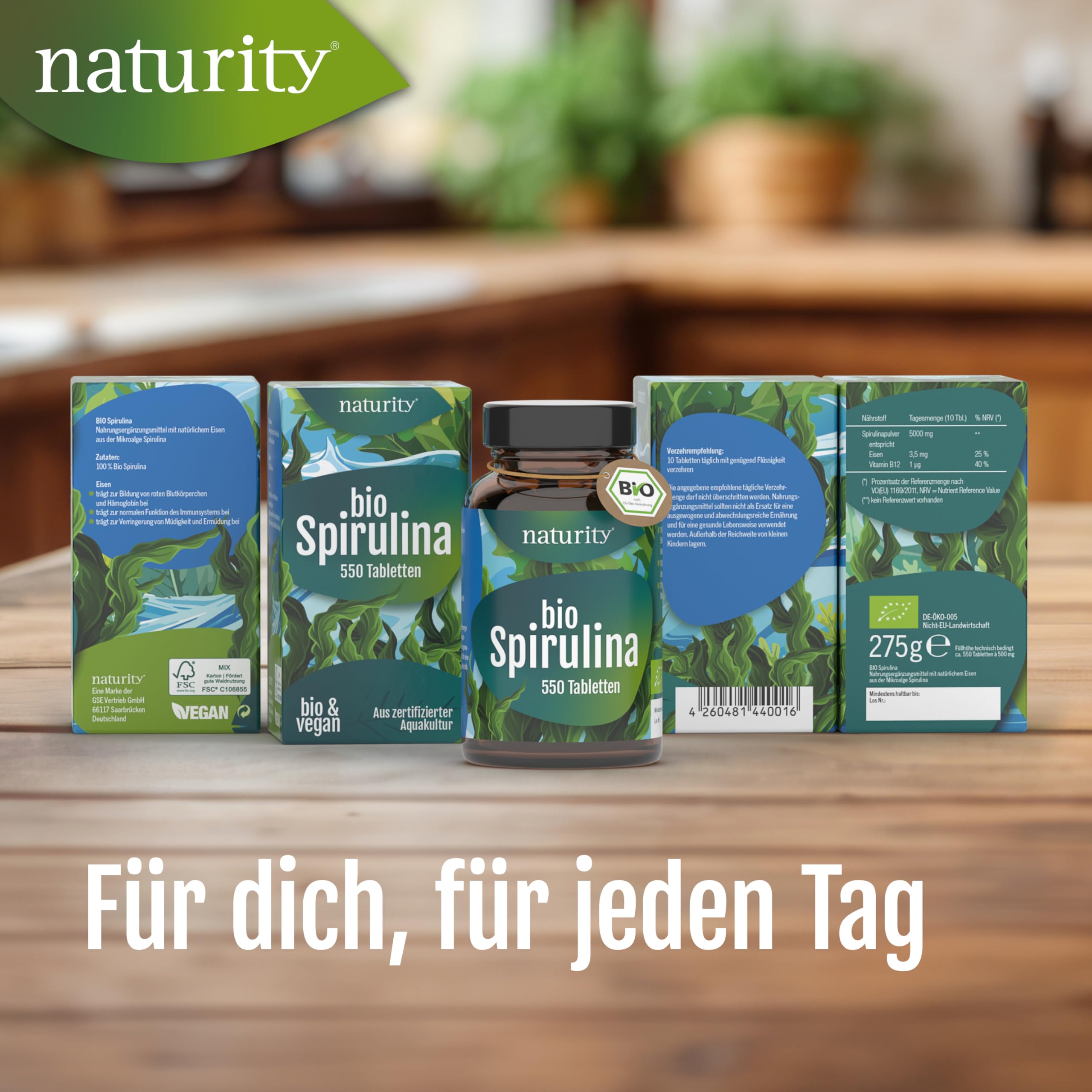 BIO Spirulina Tabletten I 550 Presslinge, 100% gemahlene Spirulina I Mit natürlichem Eisen-Gehalt I Ökologisch kultiviert & Bio-zertifiziert I Vegan, ohne Zusätze & Rückstände I Naturity