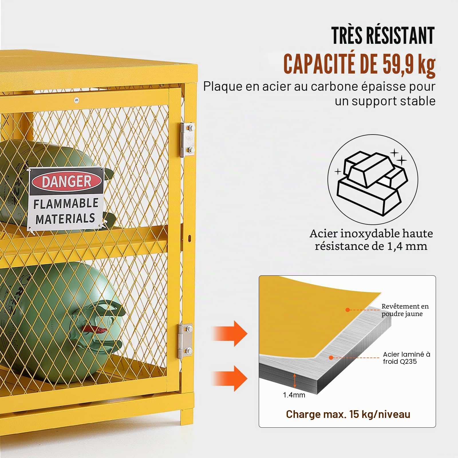 VEVOR Armoire de Sécurité pour Bouteilles de Gaz 78,8x76,3x88,9 cm, Cage pour Bouteille de Propane Capacité 4x15 kg, Revêtement en Poudre Jaune, Cabine de Stockage pour Fréon, Gaz, Oxygène, Azote