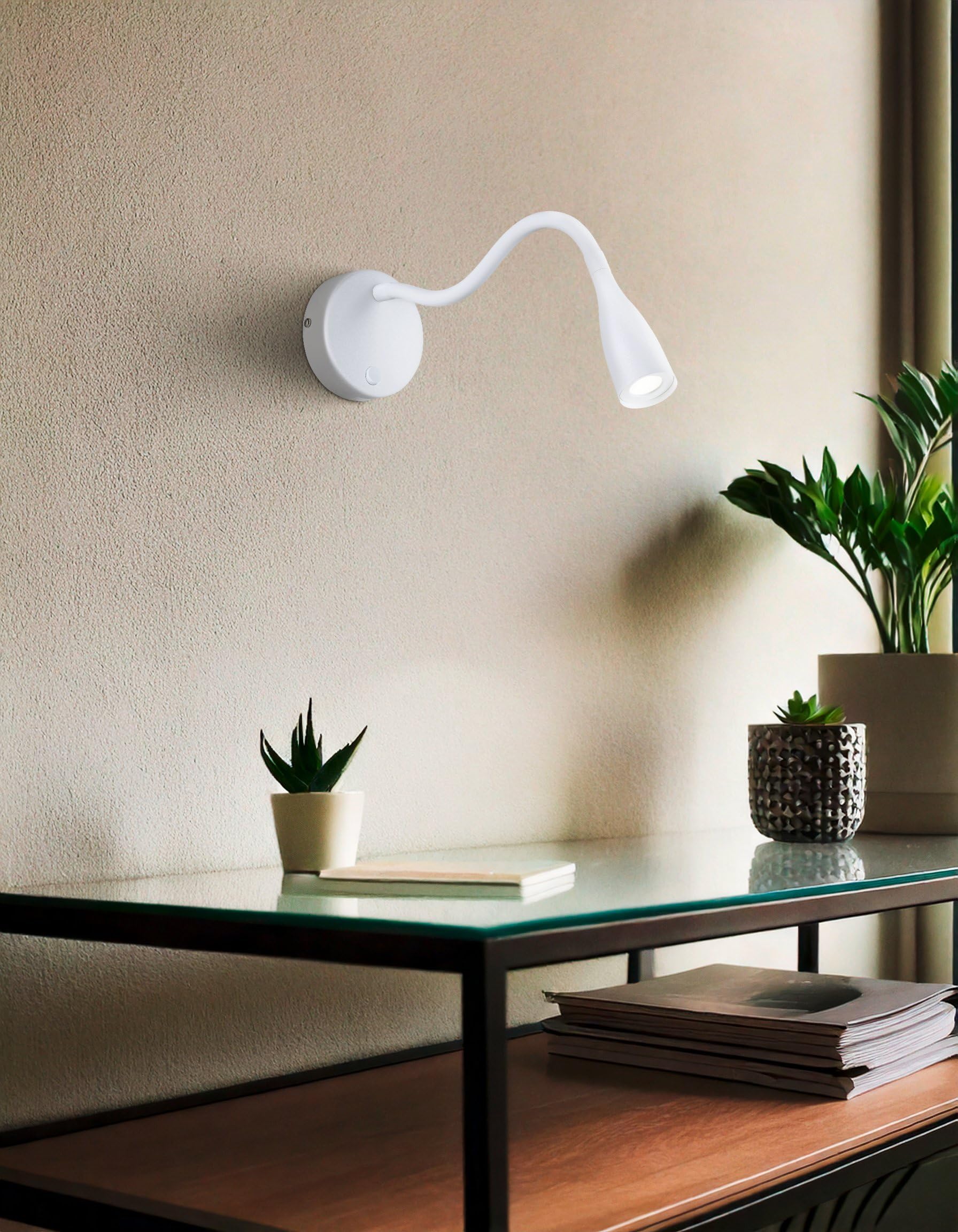 Eglo Lampada da parete a LED Olivandino 1, collo di cigno, luce lettura muro, per camera letto, con interruttore e ricarica USB, in metallo plastica bianca, bianco caldo