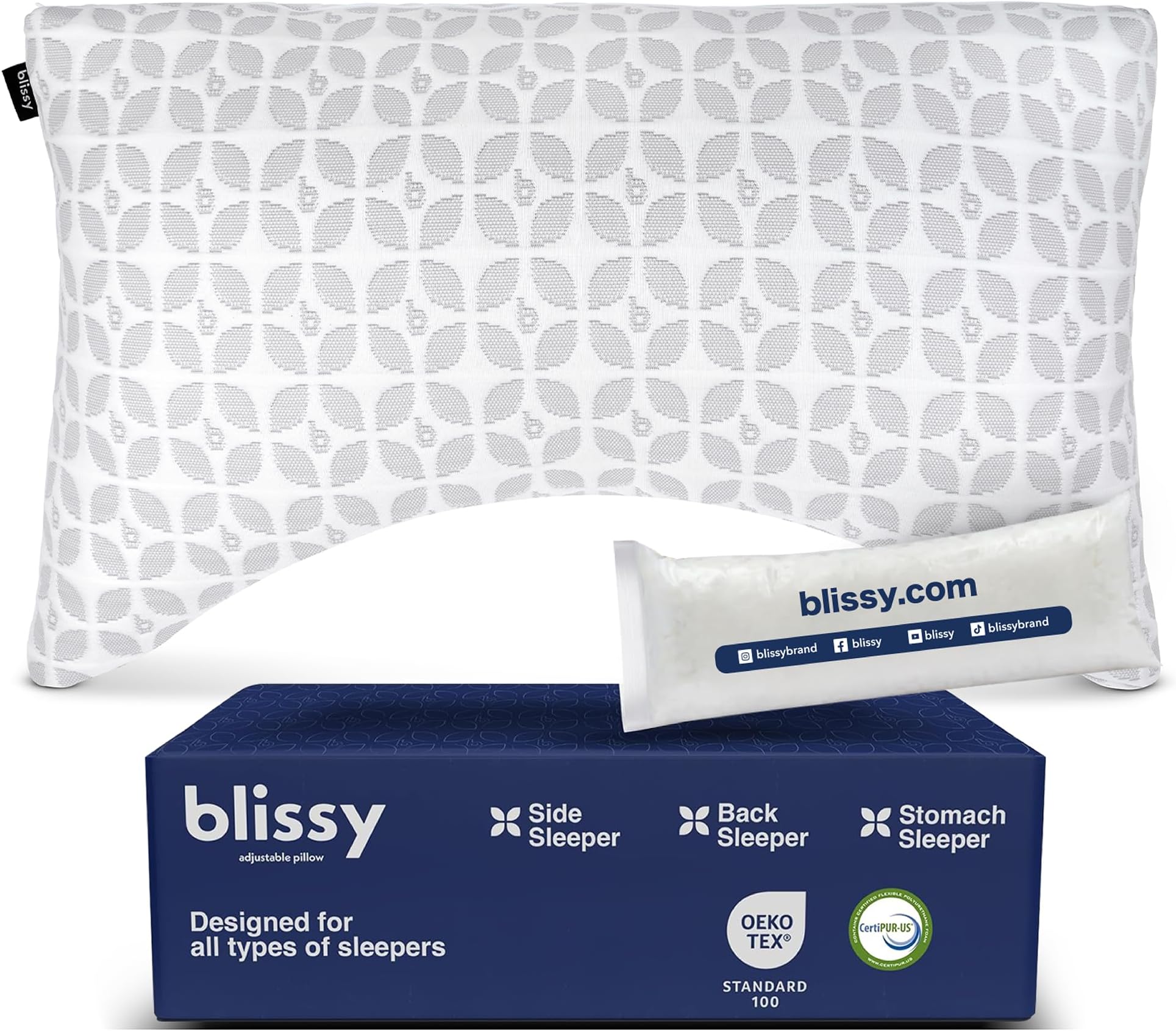 BLISSY 100% Adjustable Memory Foam Pillow with Cooling Technology (Queen Size) - Oeko-TEX & CertiPUR-US - Cooling Memory Foam Neck & Body Bed Pillow for Stomach, Side & Back Sleeping (Crescent White)