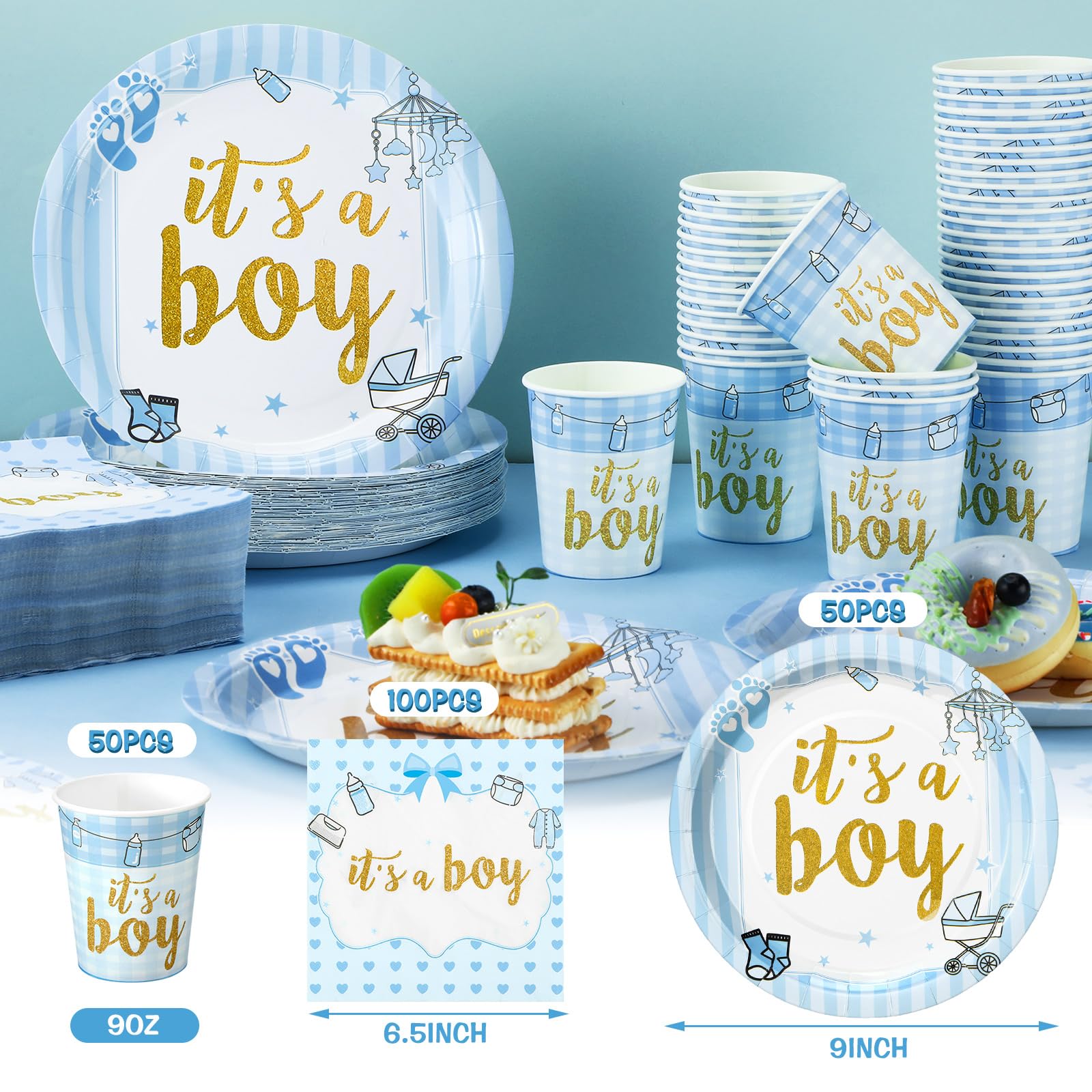 Lot de 200 assiettes en papier jetables bleues pour fête prénatale pour 50 invités garçons décoration de fête printanière