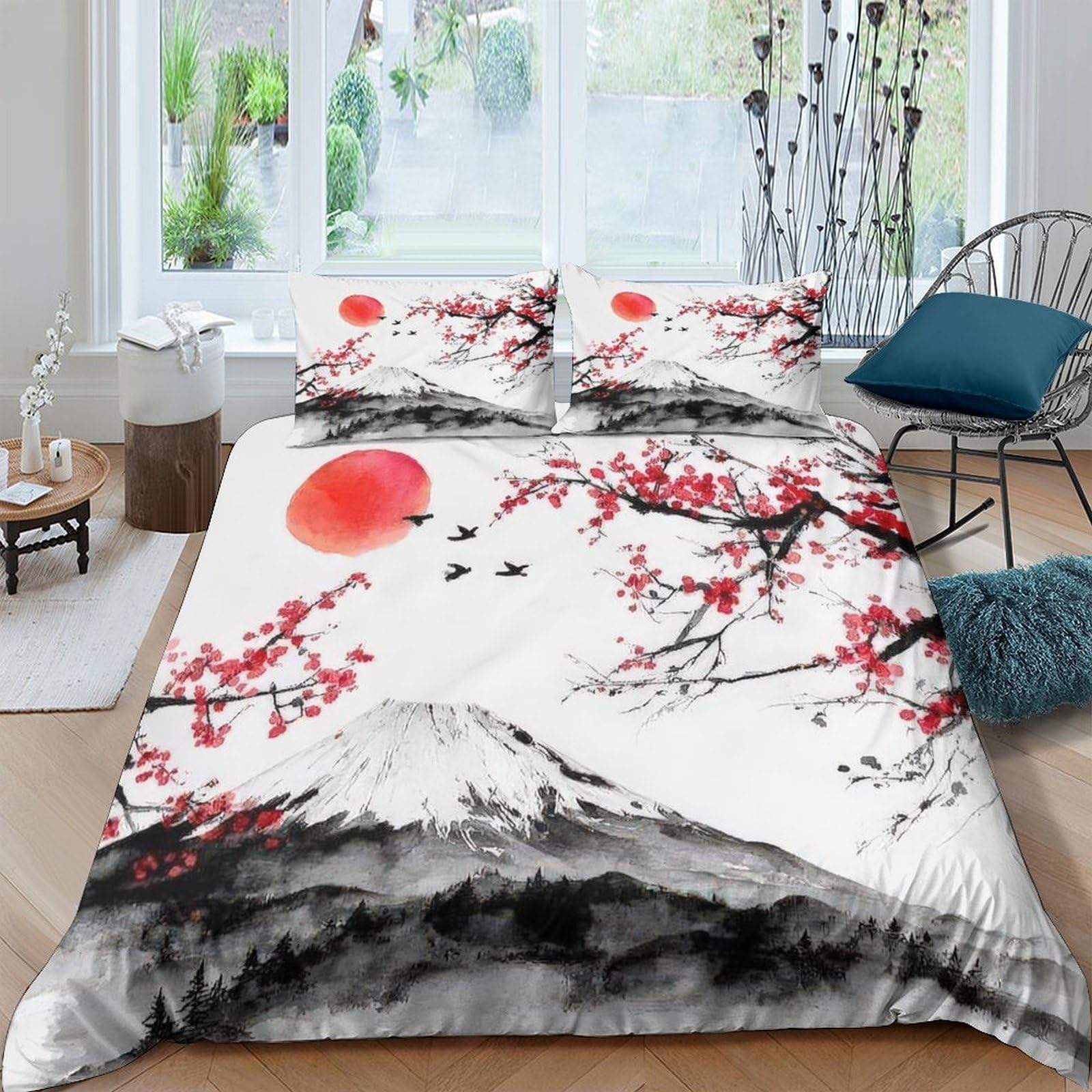 Ctjqhvkz Style-6 3D Printed Japanese Sakura Sunrise Fitted Sheet Microfiber Soft Breathable Mount Fuji Mattress Cover Bedroom Decor Single（135X200cm）