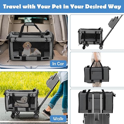 Miniatura 5 de Giantex Transportador para gatos con ruedas, grande con almohadillas de doble uso, mango telescópico, correa de transporte y bolsa de arena, jaula