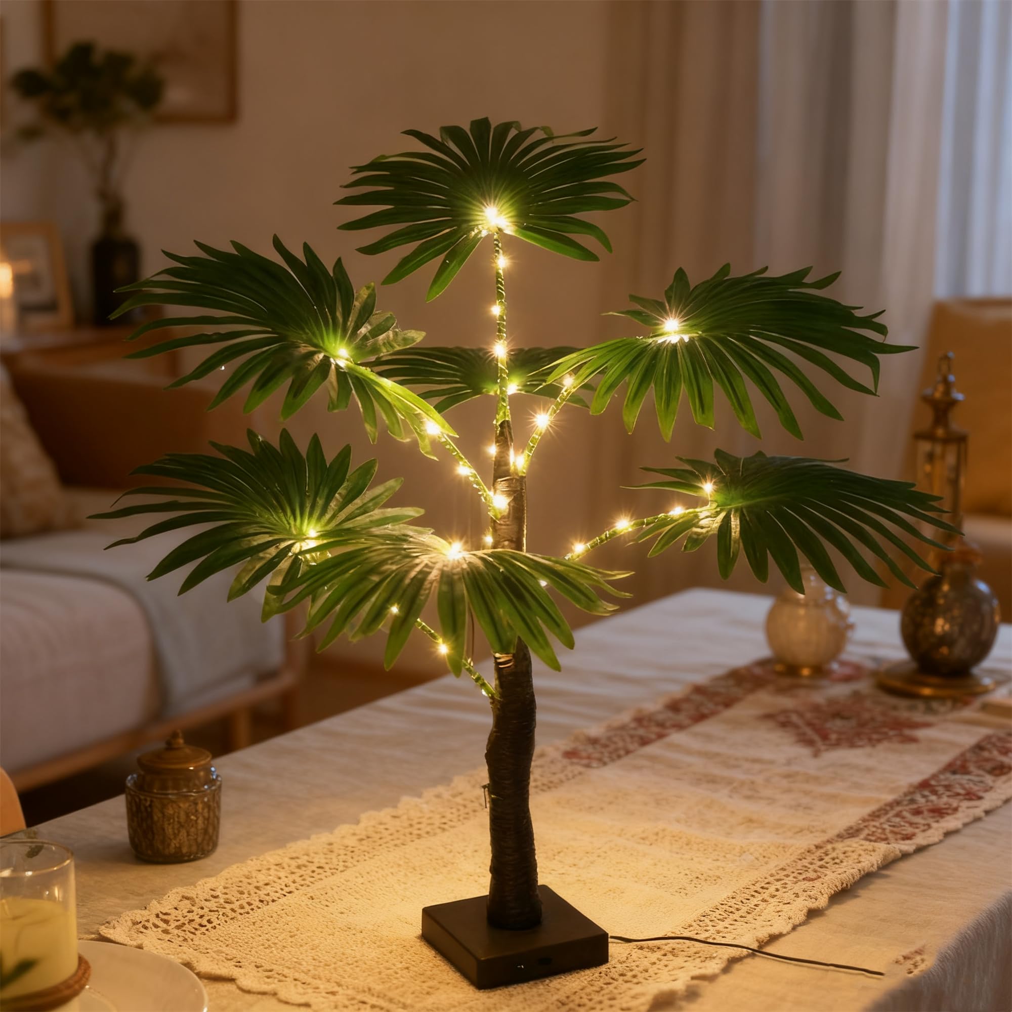 Künstliche LED Palmenlichter Dekorative Tischlampen 3 x AA Batterien oder USB Betrieben für Sommerpartys am Pool, Innenbereich Kamin im Haus, Schlafzimmer, Bürodekoration