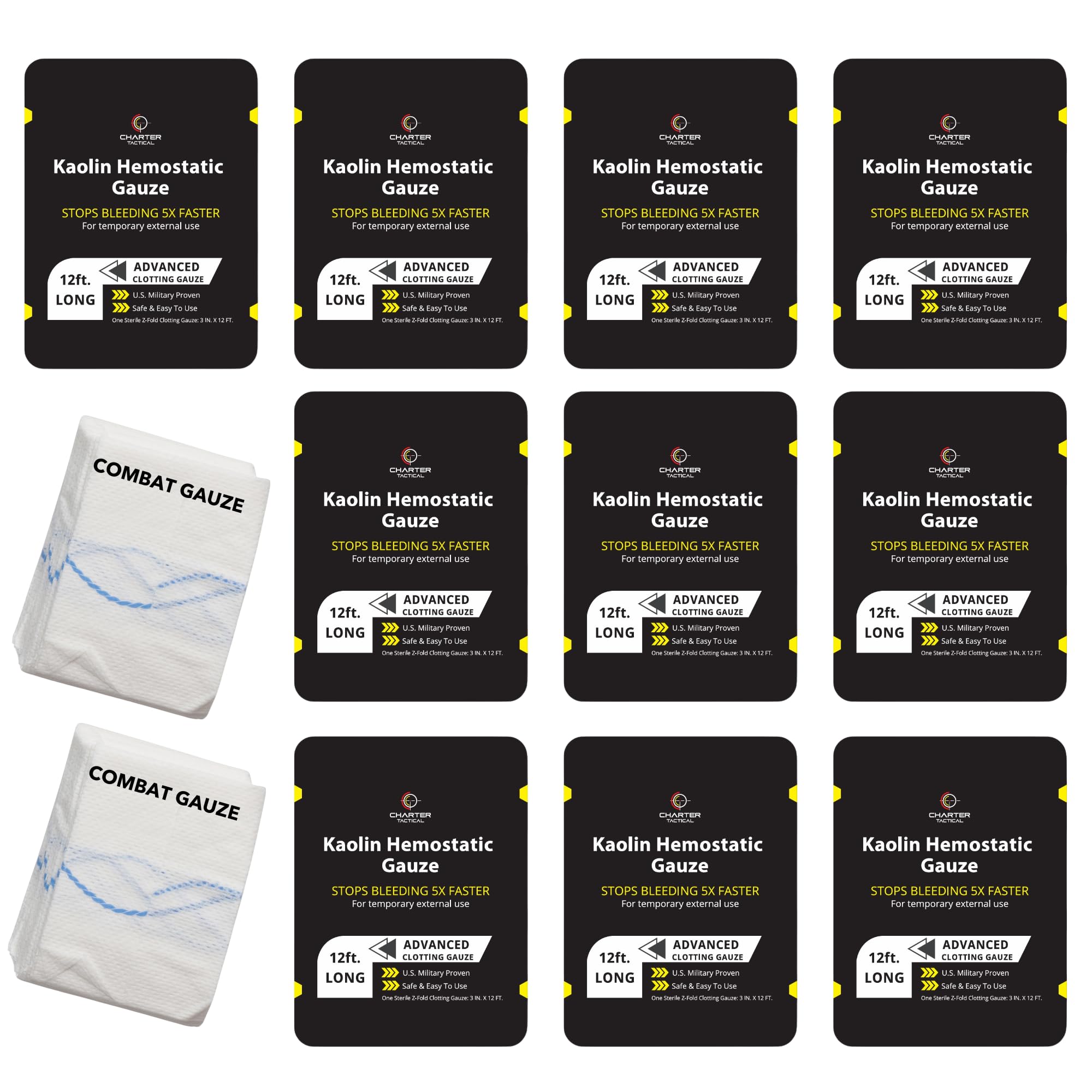 First Aid Advanced Quick Clotting Combat Gauze - Flexible Hemostatic Gauze - to Stop The Bleed kit Faster with Quick Clotting Gauze - Survival Kit Supplies - 3" x 12.5' - Pack of 10