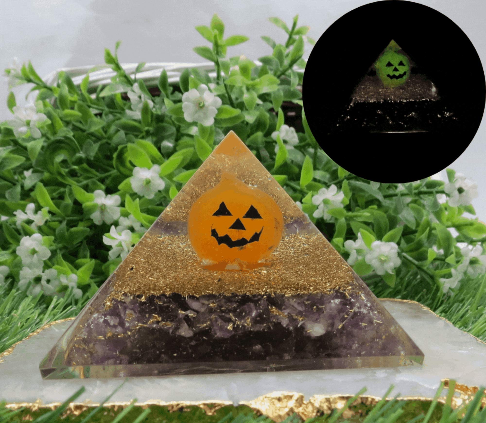Halloween Glow in The Dark Orgonite Pyramid with Natural Gemstone Crystals - 70mm Large Organite Orgone Pyramid (Amethyst)