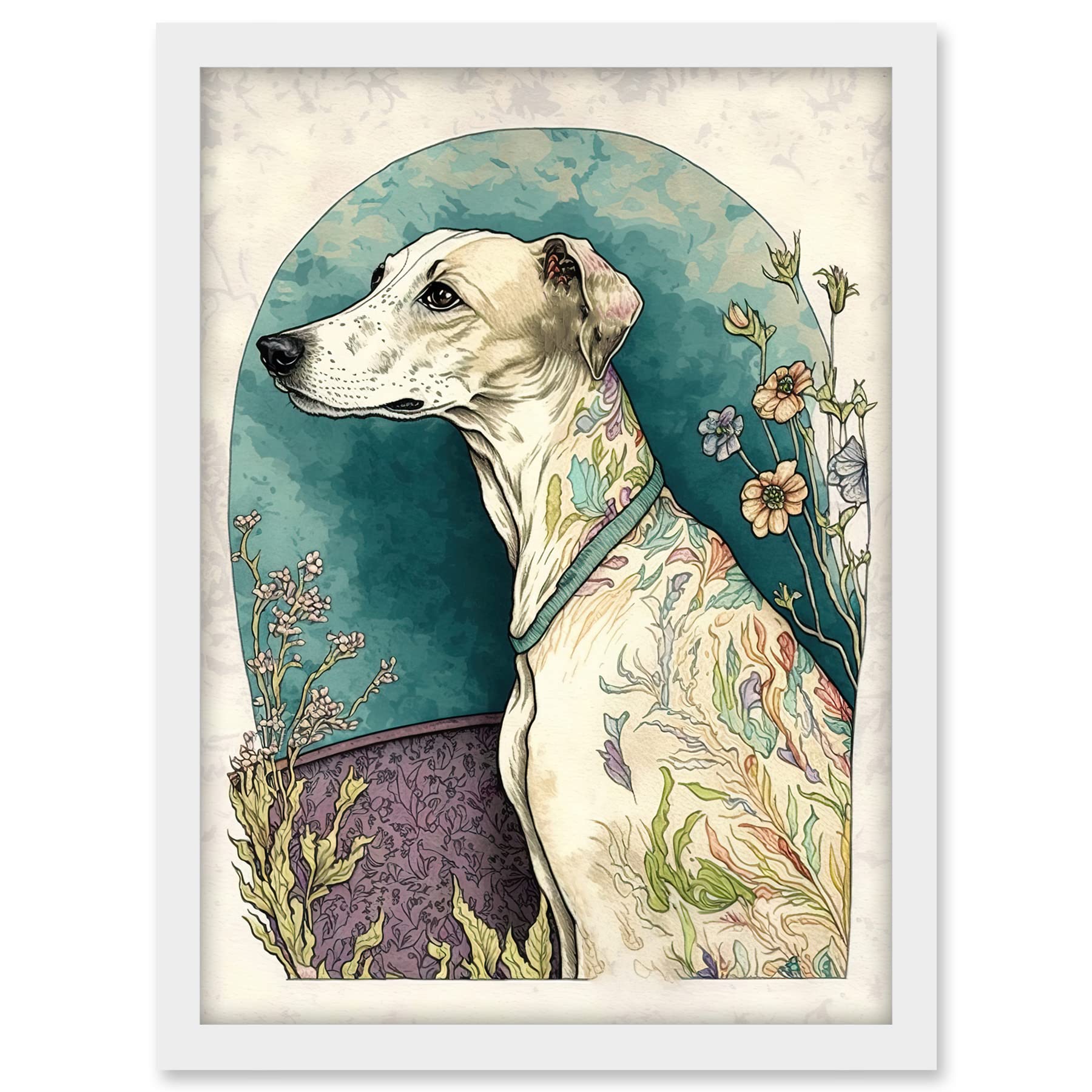Artery8 Whippet Dog with Flowers Modern Multicoloured Watercolour Illustration Artwork Framed A3 Wall Art Print