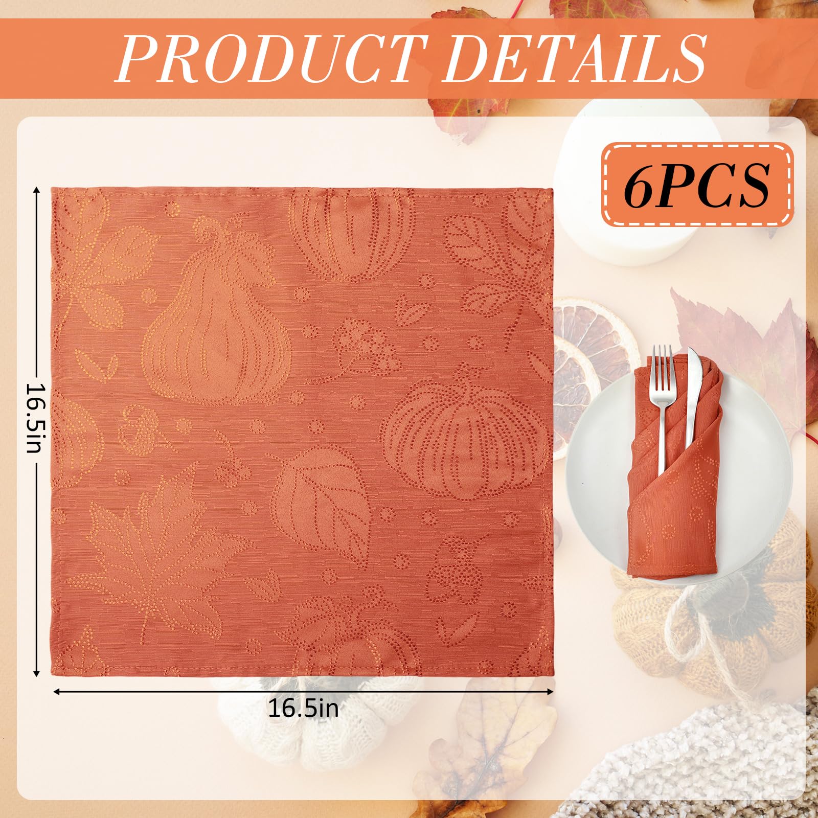 Servilletas de tela de damasco jacquard de otoño de 16.5 x 16.5 pulgadas, servilletas de poliéster naranja quemado para otoño, Acción de Gracias, boda, fiesta, suministros de mesa (6 piezas)