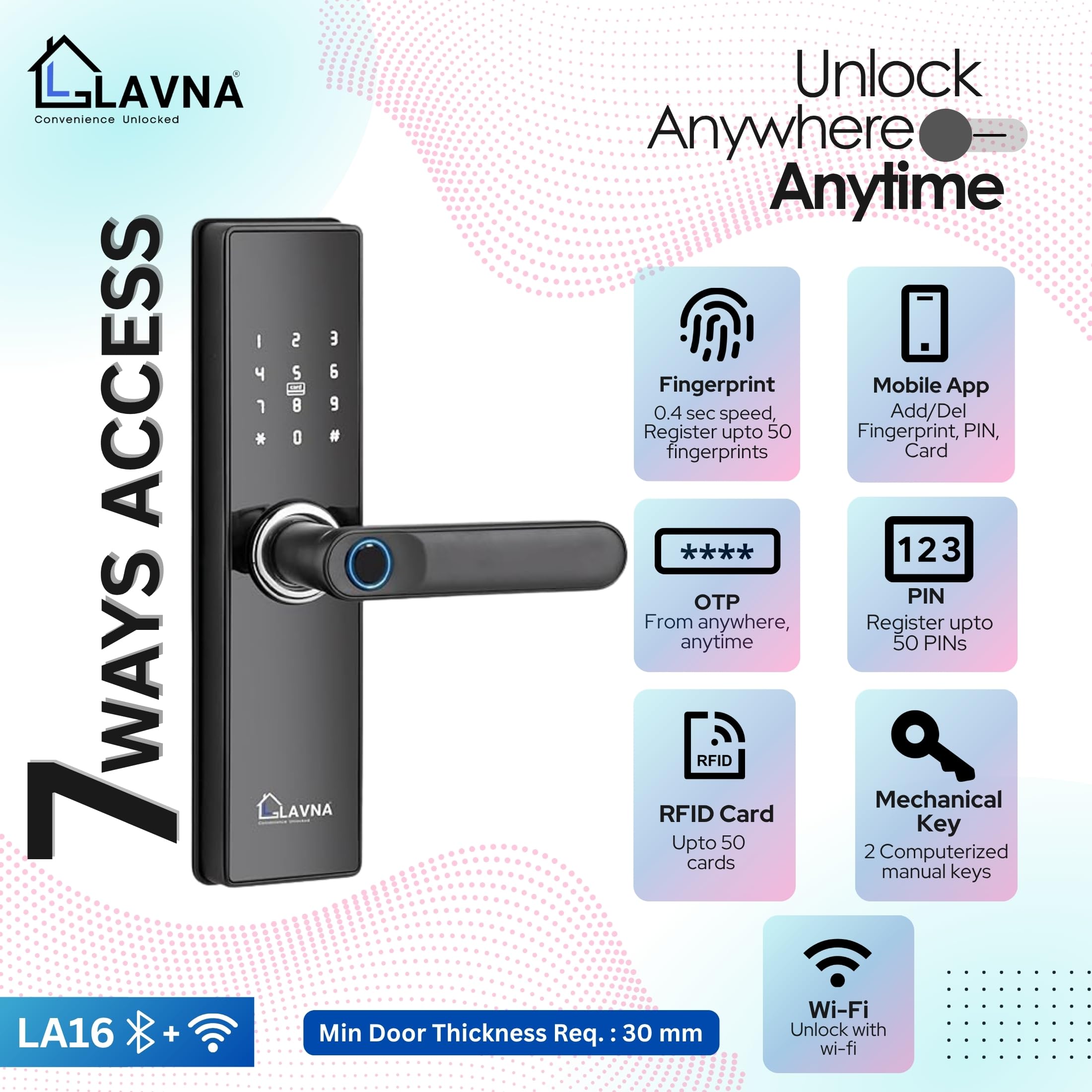 LAVNA Smart Wi-Fi Door Lock | 7 Way Unlock | Fingerprint, Mobile App, WiFi + Bluetooth, RFID Card, OTP, PIN and Manual Key Access for Wooden Doors | SS Locking Bolts (LA16 WF) 1