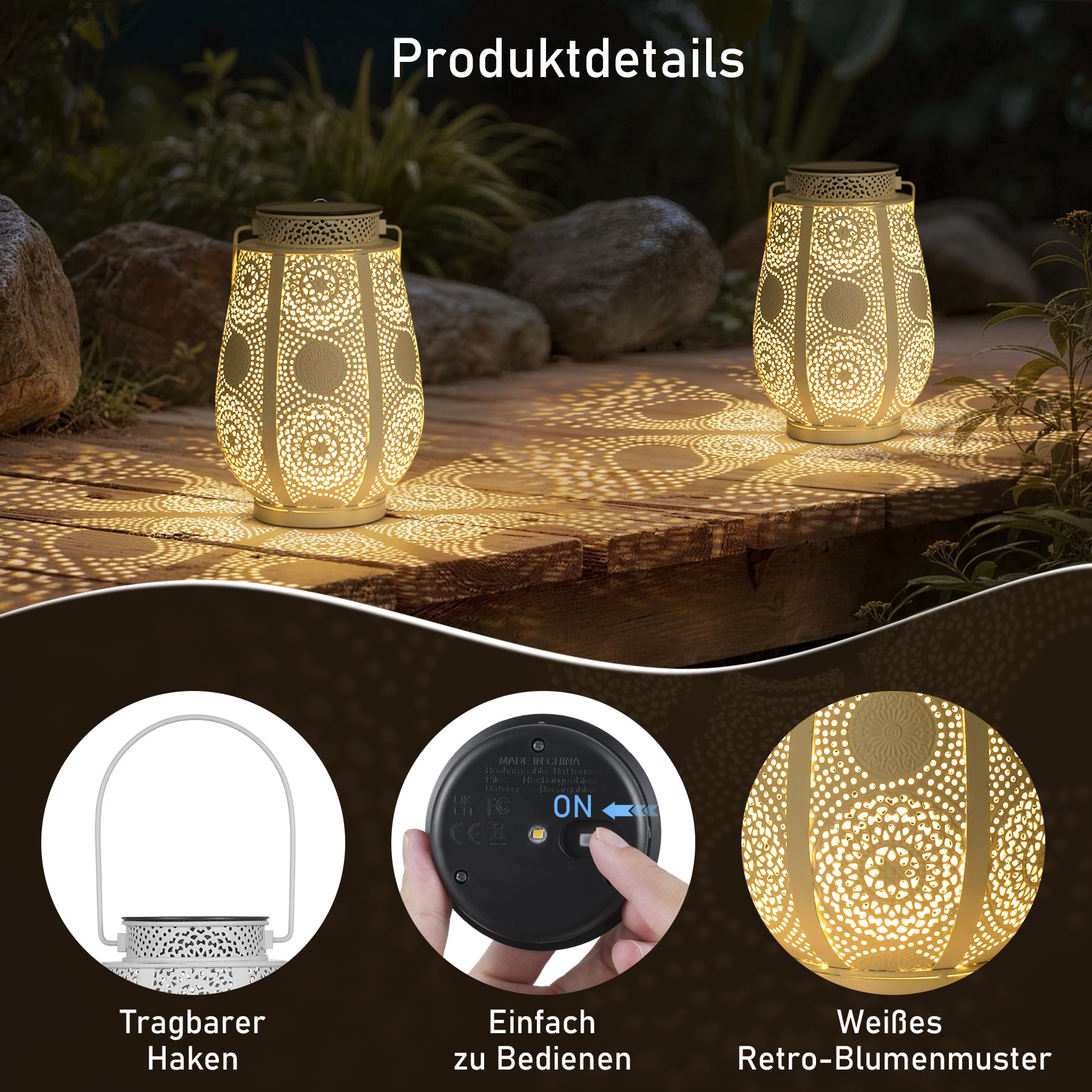 2 Stück Solarlampen für Außen Garten Vintage, IP65 Wetterfest Solarlaterne für Außen Hängend Metal, Rostfrei Solar Laternen mit Haken für Aussen Terrasse Veranda, Geschenk für Frauen Mama Oma(Weiß)