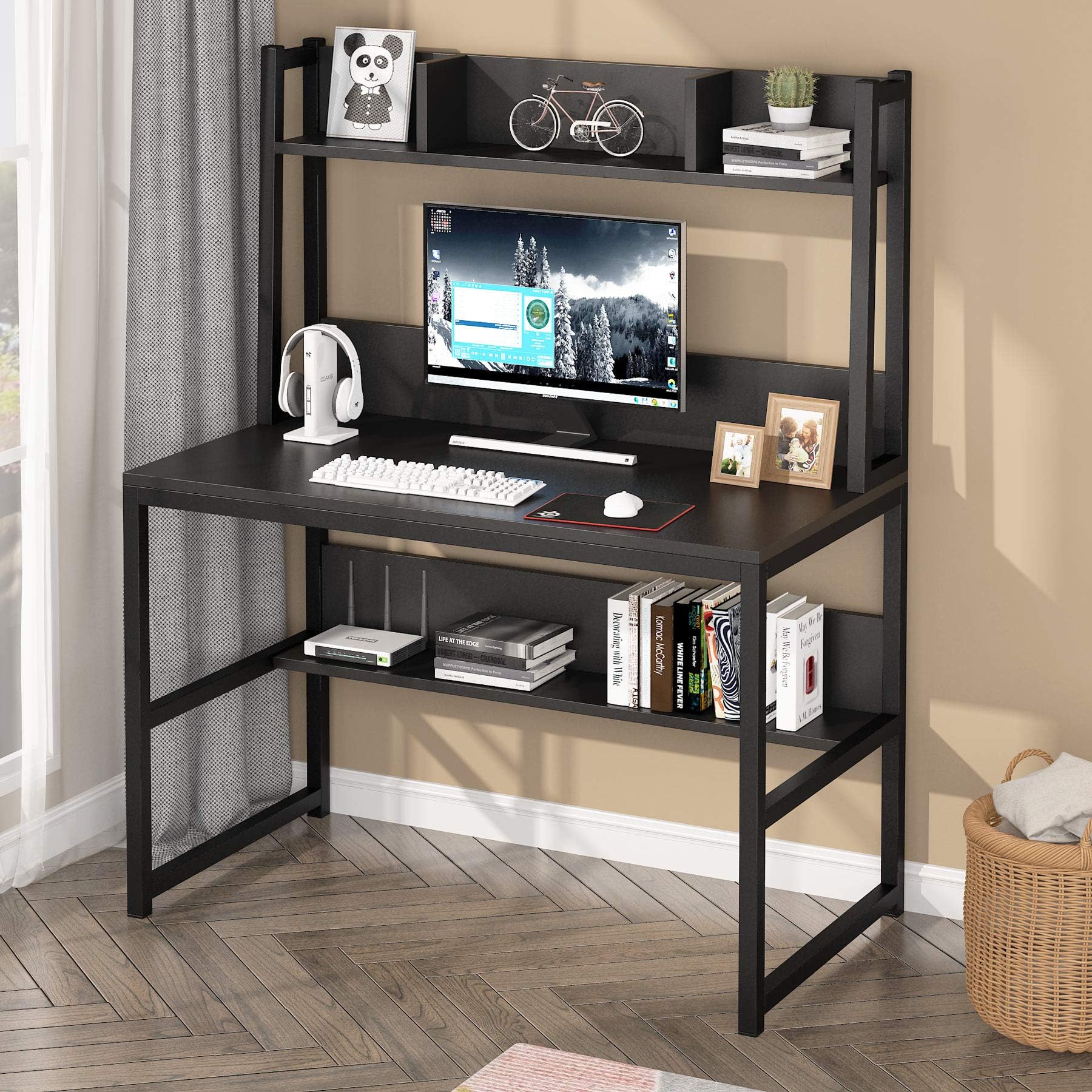 Tribesigns Computer Desk with Hutch, Modern PC Laptop Table Study Writing Desk with Storage Space, Wooden Home Office Desk, 107 x 50 x 140 cm
