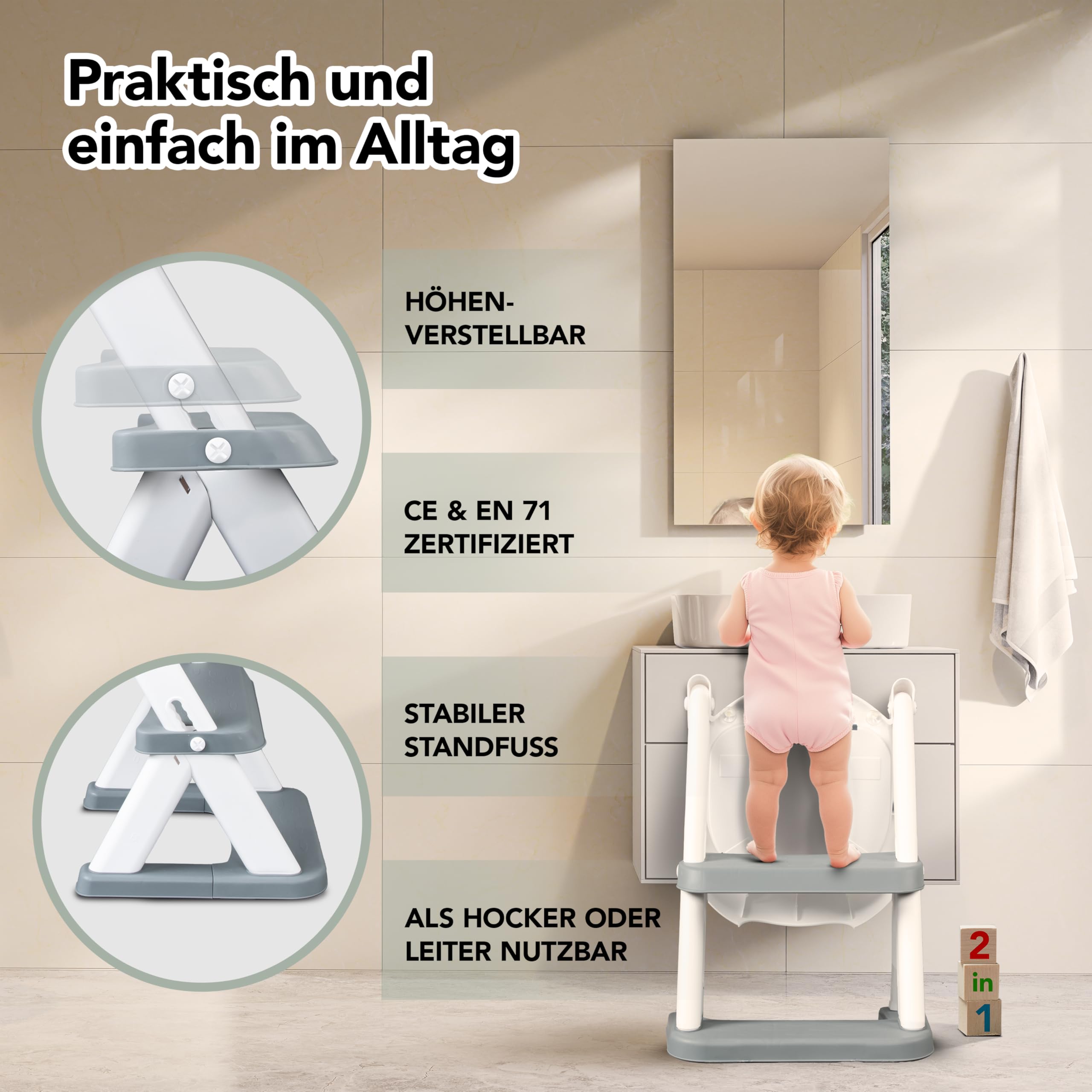 KidzCorner Kinder Toilettensitz mit Treppe, höhenverstellbare Toilettenleiter klappbar auch als Tritthocker verwendbar. WC Sitz fürs Töpfchen Training.