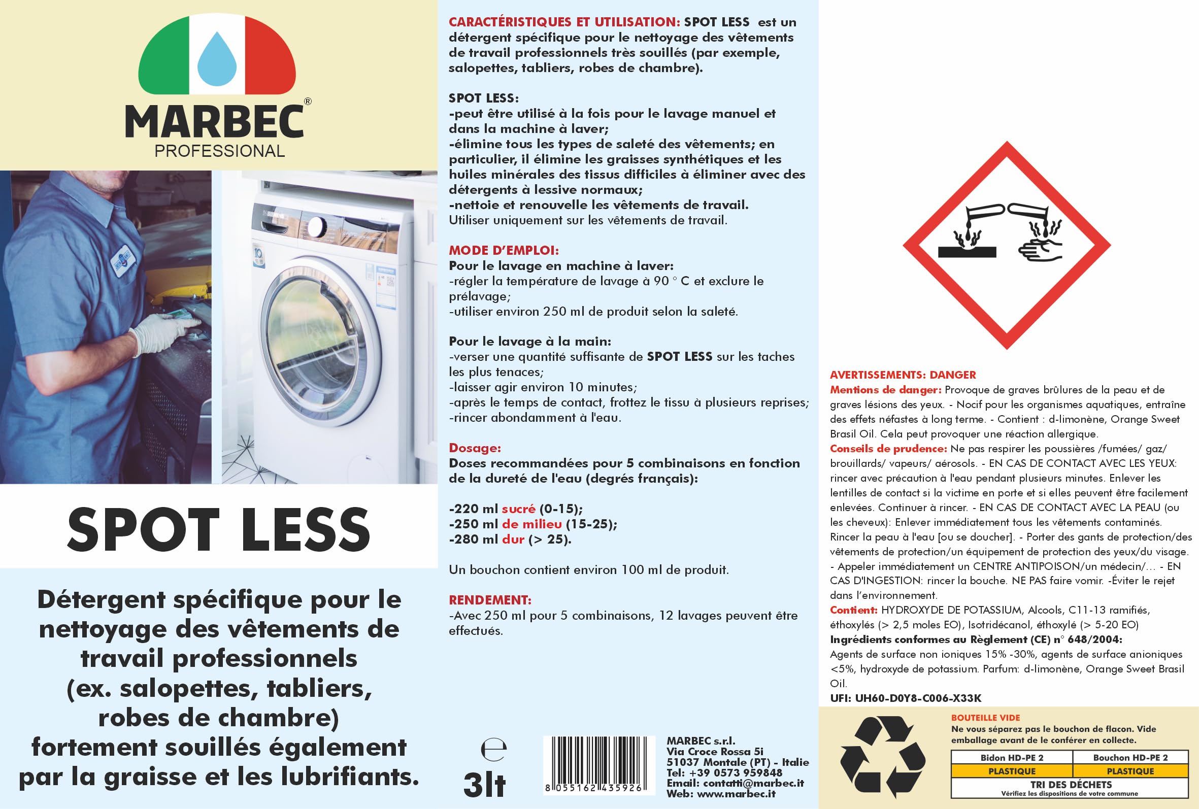 MARBEC SPOT LESS 3LT Détergent spécifique pour le nettoyage des vêtements de travail, en particulier ceux très souillés par la graisse et les lubrifiants.