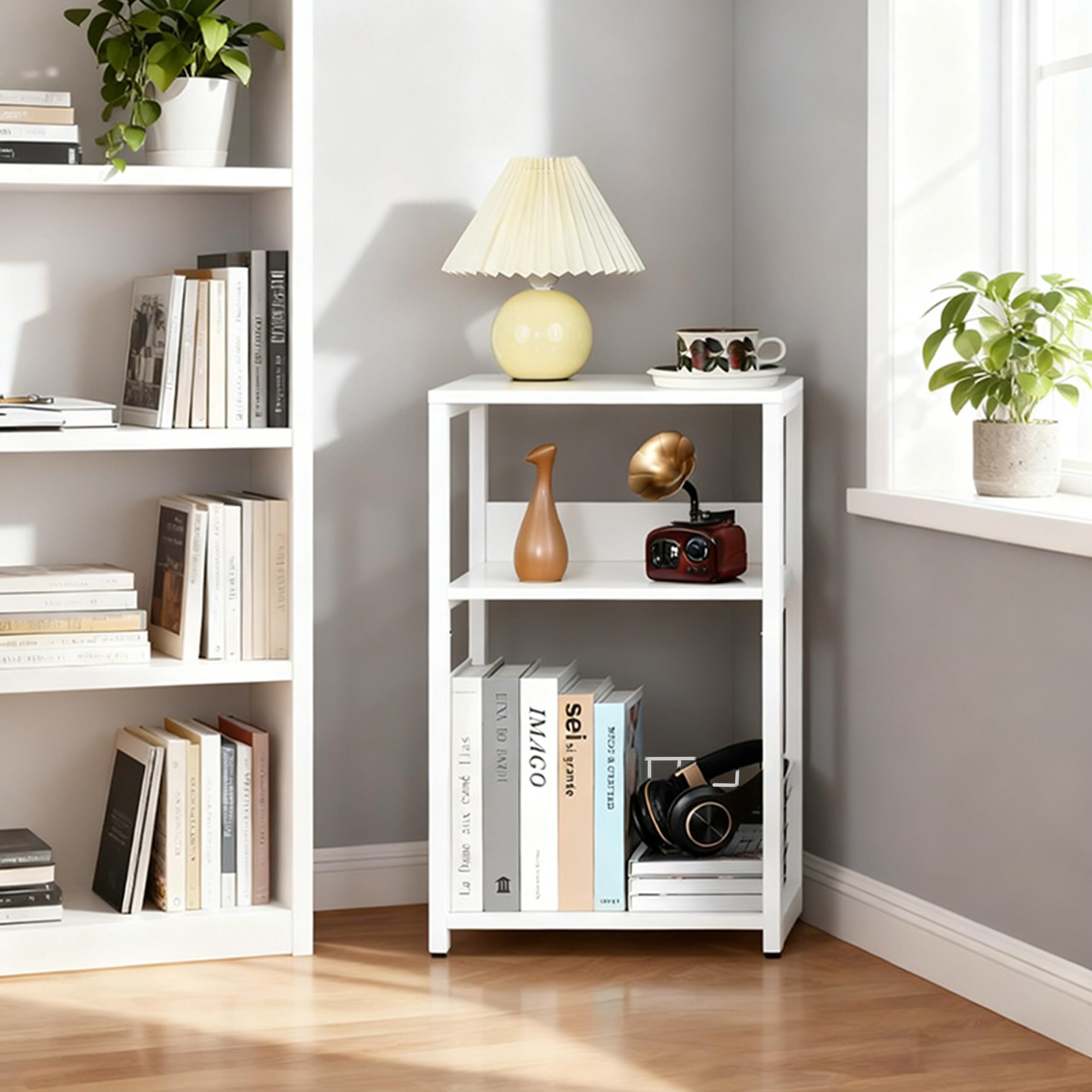 Relaxdays Meuble pour Platine Vinyle, 3 Niveaux, séparateurs, H x L x P : 65 x 40 x 30 cm, Fer/MDF, Blanc