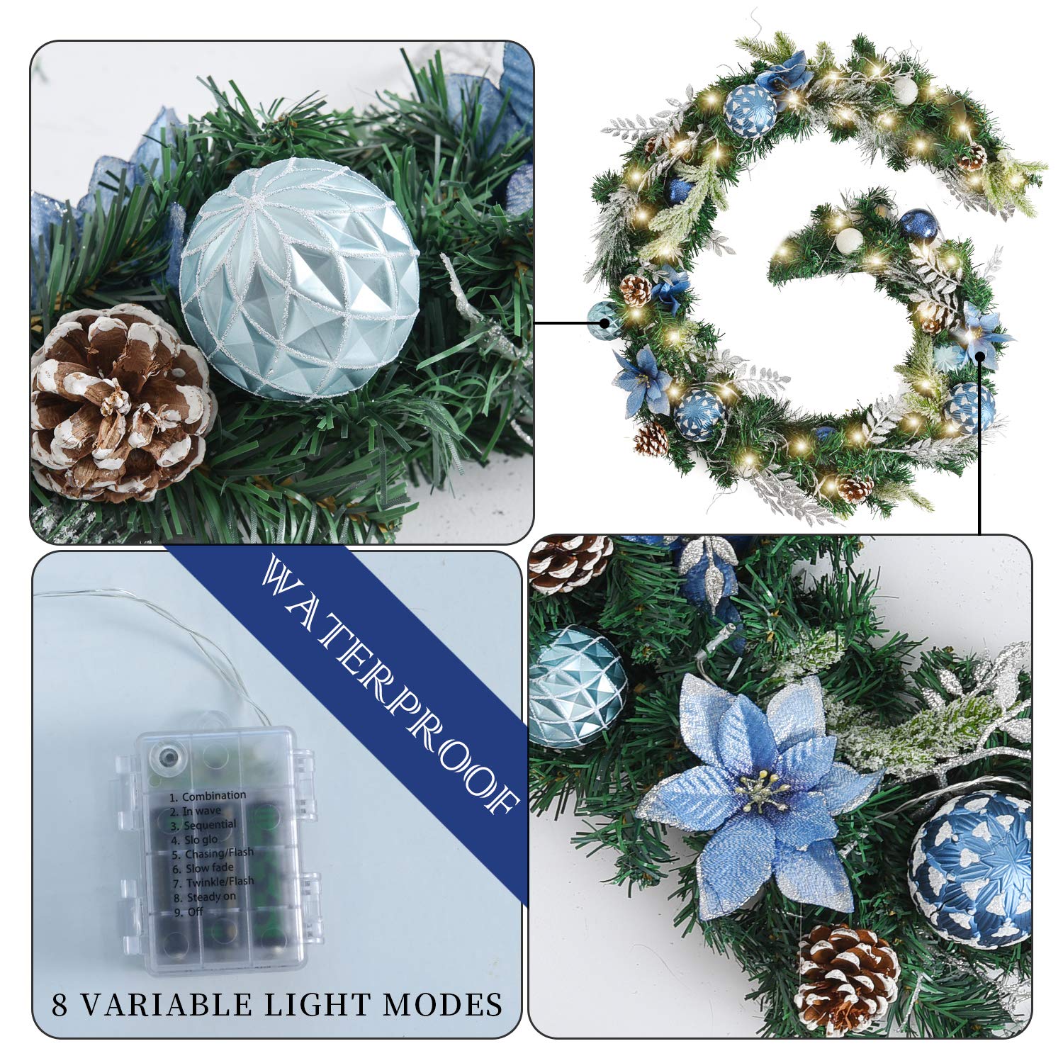 WANNA-CUL Pre-Lit 6 ft Silver Blue Christmas Garland Decor with Lights for Front Door Lighted Christmas Mantel Garland Decoration