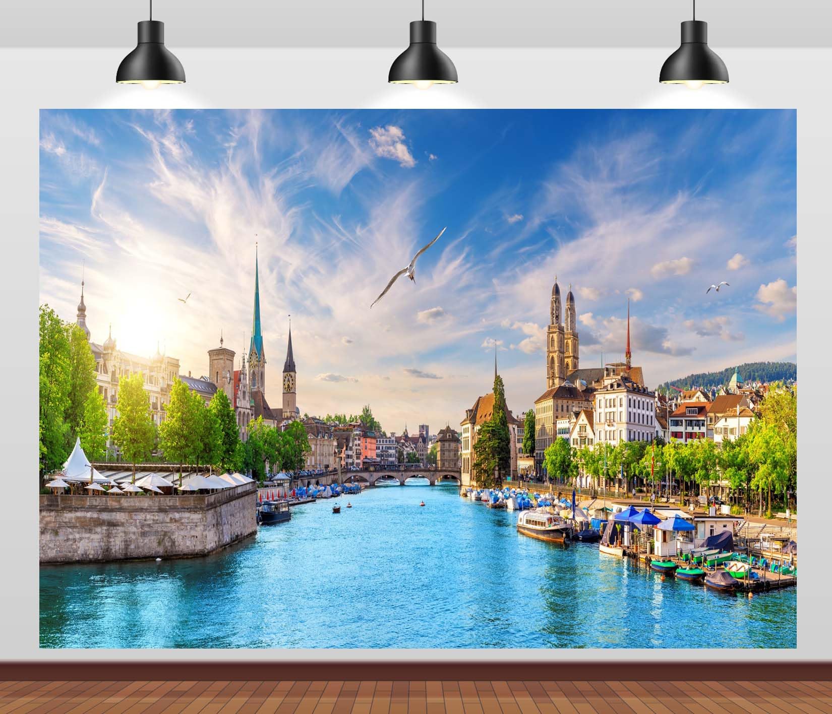 CORFOTO 9x6ft Zurich Riverside Backdrop Switzerland European Travel Theme Party Decorations Background Blue Sky Lake Scenery Backdrop Swiss Travel