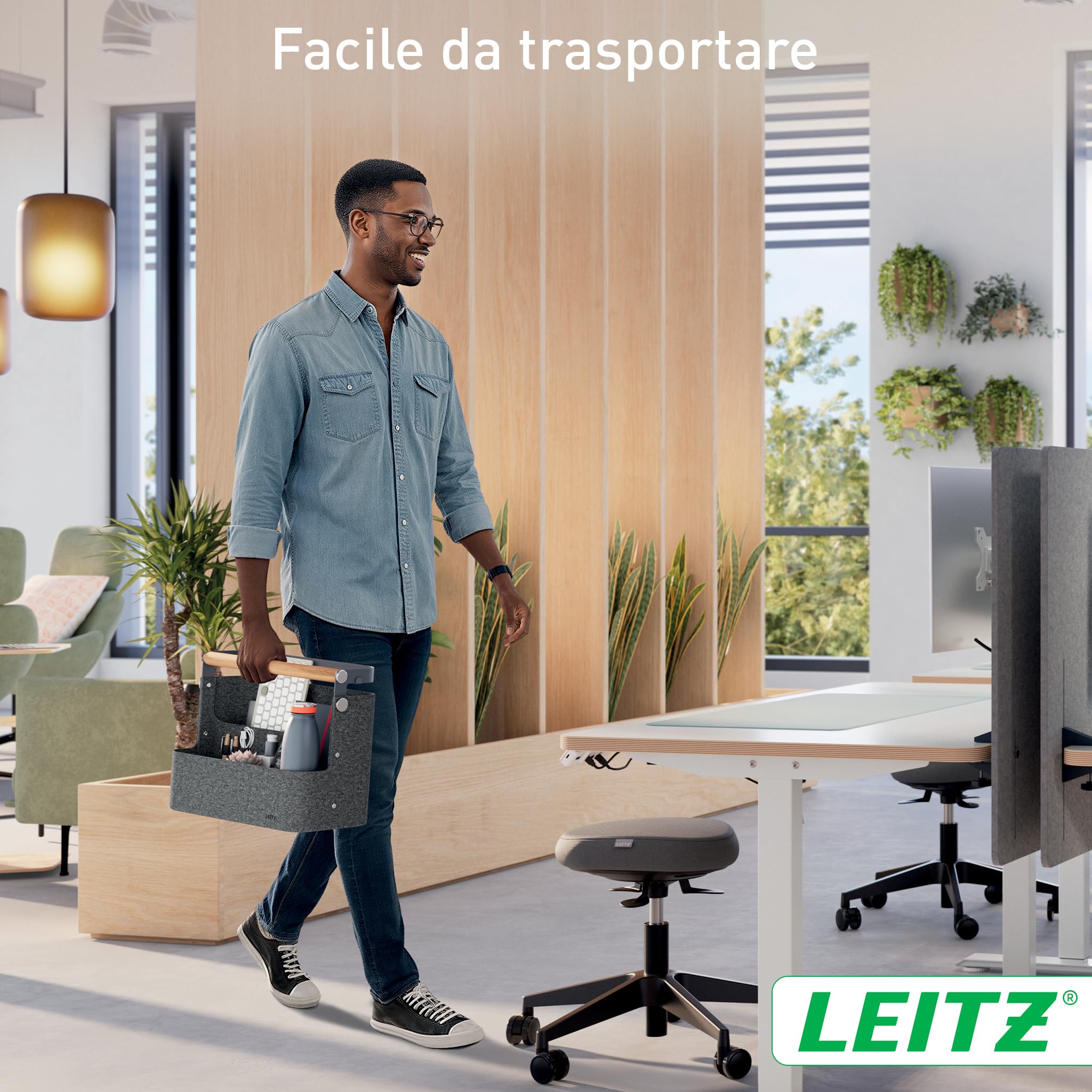 Leitz Organizer da Scrivania Portatile con Manico - Organizer per Hot Desk con Funzione Appendibile, Manico in Legno, Vassoio Interno Rimovibile e Porta Oggetti Elastici - 38 x 19 x 30-33cm