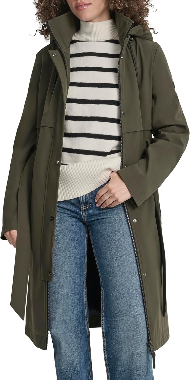 DKNY Women's Hooded Belted Trench Coat – Long Water-resistant Lightweight Jacket With Faux Leather Trimmmed Zipper Pockets