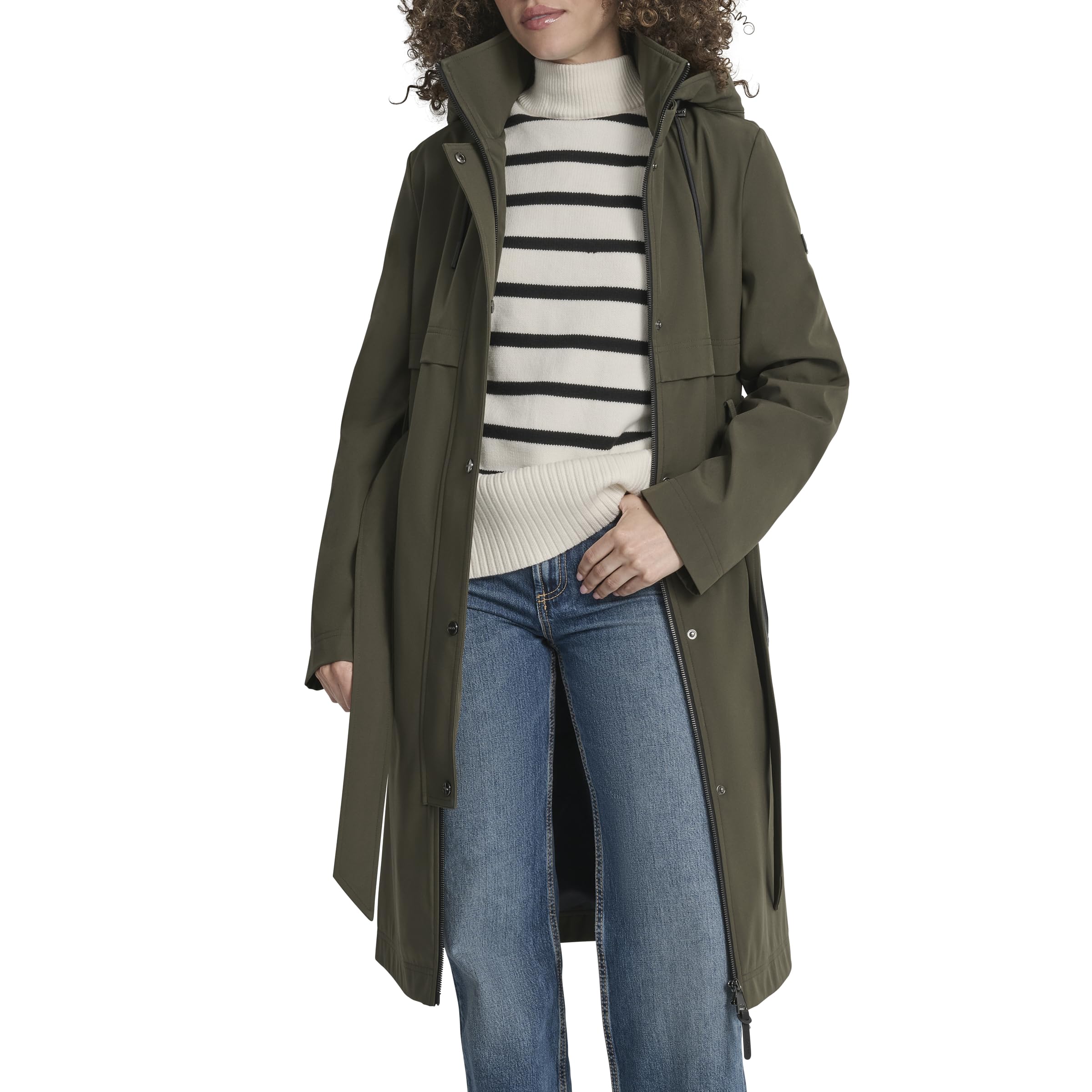 DKNY Womens Hooded Belted Trench Coat Long Water-resistant Lightweight Jacket With Faux Leather Trimmmed Zipper Pockets