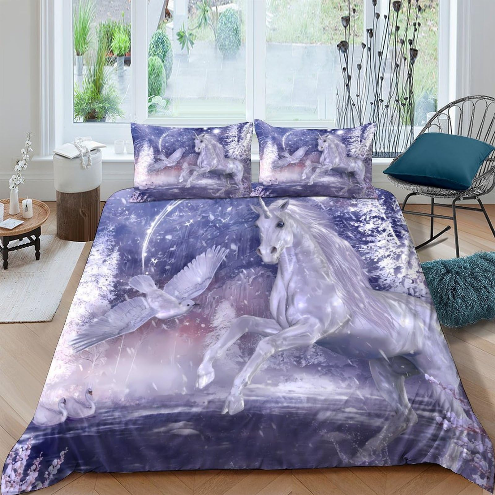 XFKLYNVCJ 3D Printed Unicorn fantasy Comforter Cover Brushed Microfiber Winter magical scene Bed Cover Machine Washable No Iron for Student Dormitory College Bedroom Use Single（135x200cm）
