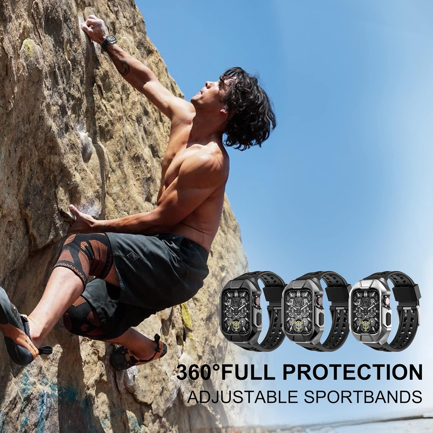 Wohben Rugged Armor Pro Compatible with Apple Watch Case with Band Series 7 (45mm) and Series 6/5/4/SE (44mm), Stainless Steel ShockProof TPU Strap Protective Cover 44mm Silver