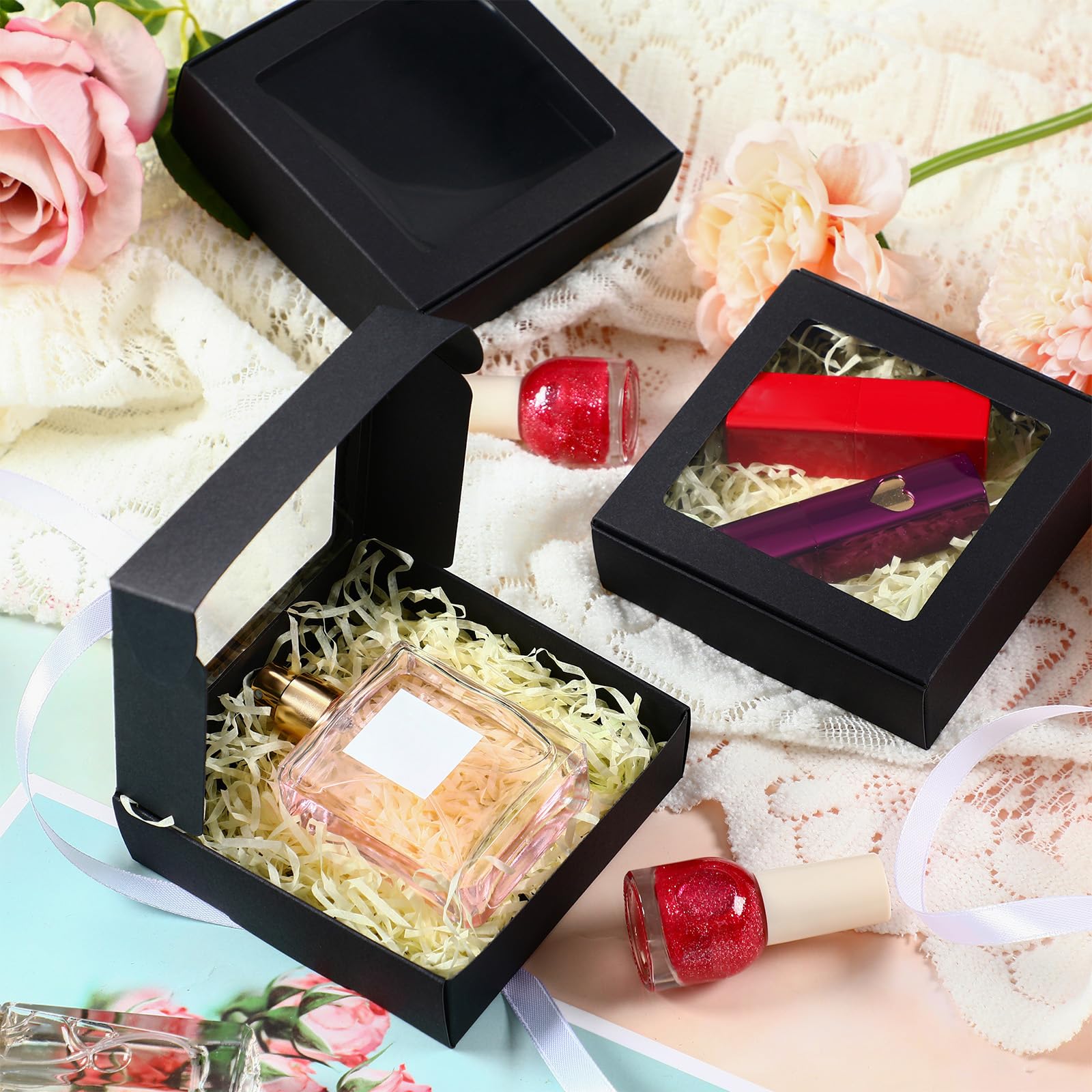 Zonon 60 Stück Leckerli-Boxen, Seifenschachteln für hausgemachte Seife, Mini-Kraftpapierboxen mit Fenster, Geschenkverpackungsbox für Seife (Schwarz, 10,5 x 10,5 x 3 cm)