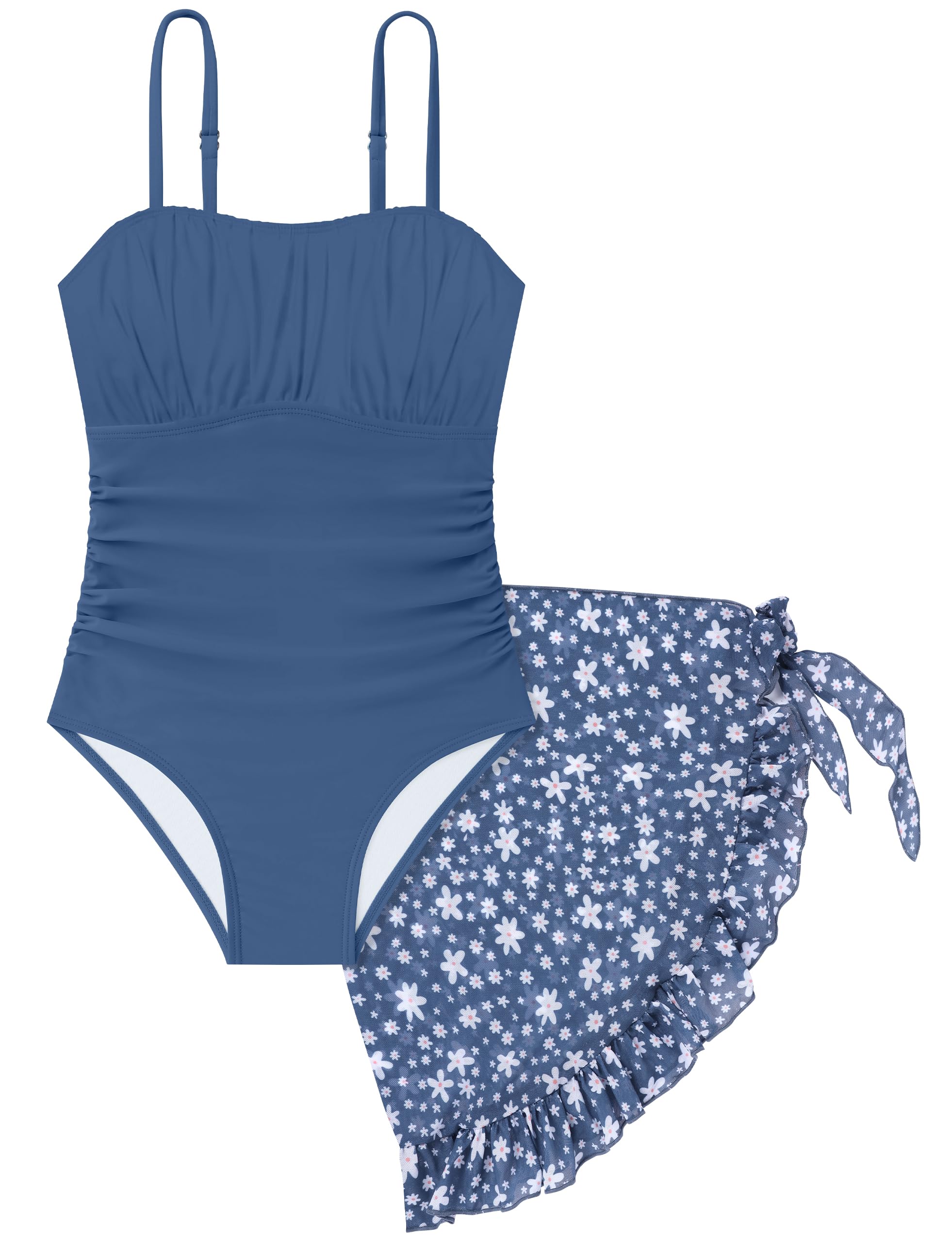 Girls Swimsuit One Piece Swimwear Top with Tropical Print Cover Up Skirt Girls Bathing Suit 6-16 Years