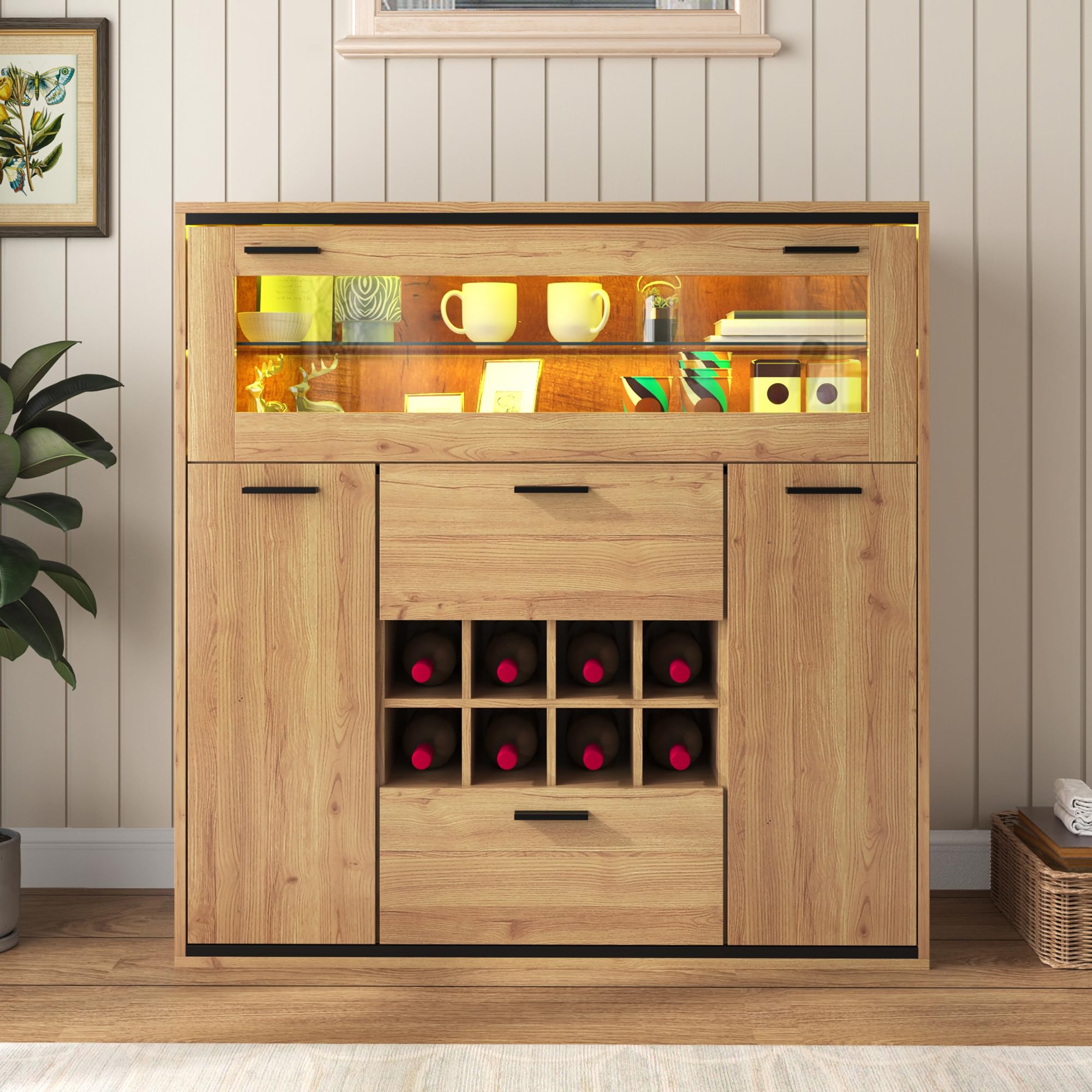 Credenza, elegante armadietto per vino con doppie porte, scaffale in vetro e supporto per vino – ideale per riporre in un'elegante credenza, grande spazio di archiviazione.