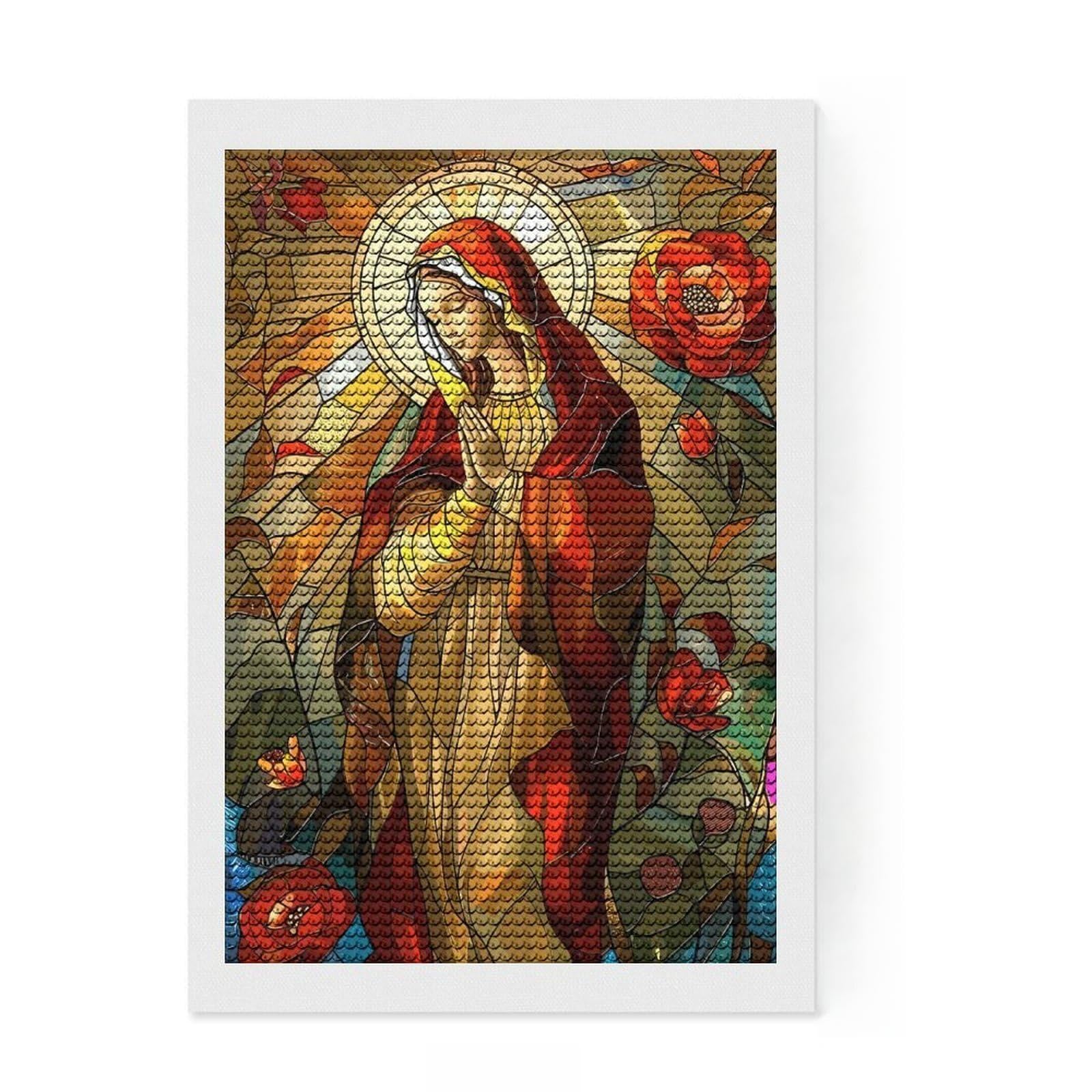 Junmoney Stained Glass Virgin Mary with Roses 5D Diamond Painting Kit 8"x12", for Women, Farmhouse Decor, Boho Decor, Thoughtful Present, Relaxing DIY