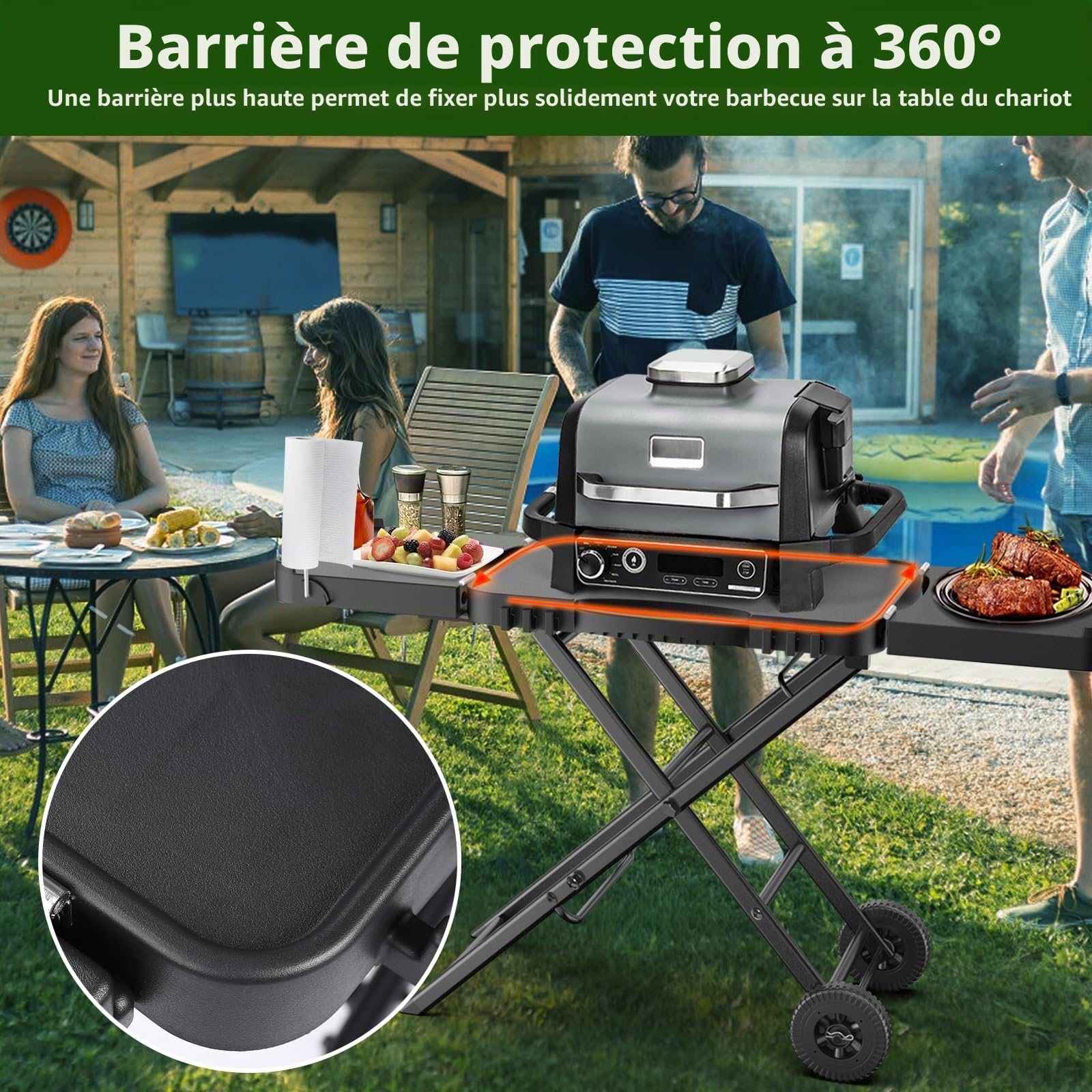 Chariot de barbecue pliable, chariot de cuisine extérieur mobile avec plan de travail en acier inoxydable, roues, 2 étagères et 6 crochets, compatible avec Ninja Woodfire, Weber Q, Blackstone