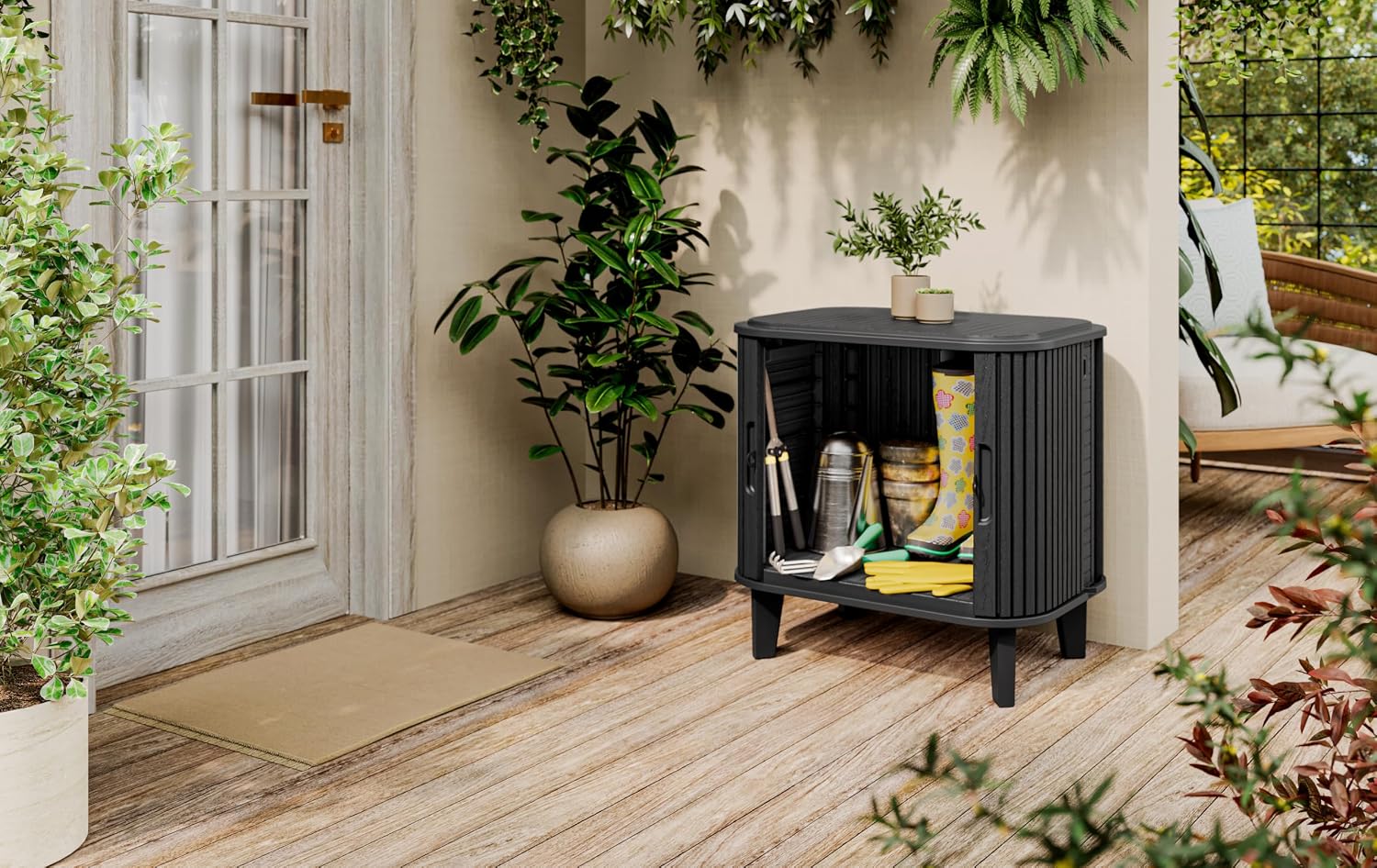 Keter Velo 30 Gallon Outdoor Storage Cabinet (2 Pack), Weather‑Resistant Resin Deck Boxes with Steel Reinforcement, Lockable, Wood‑Look Graphite