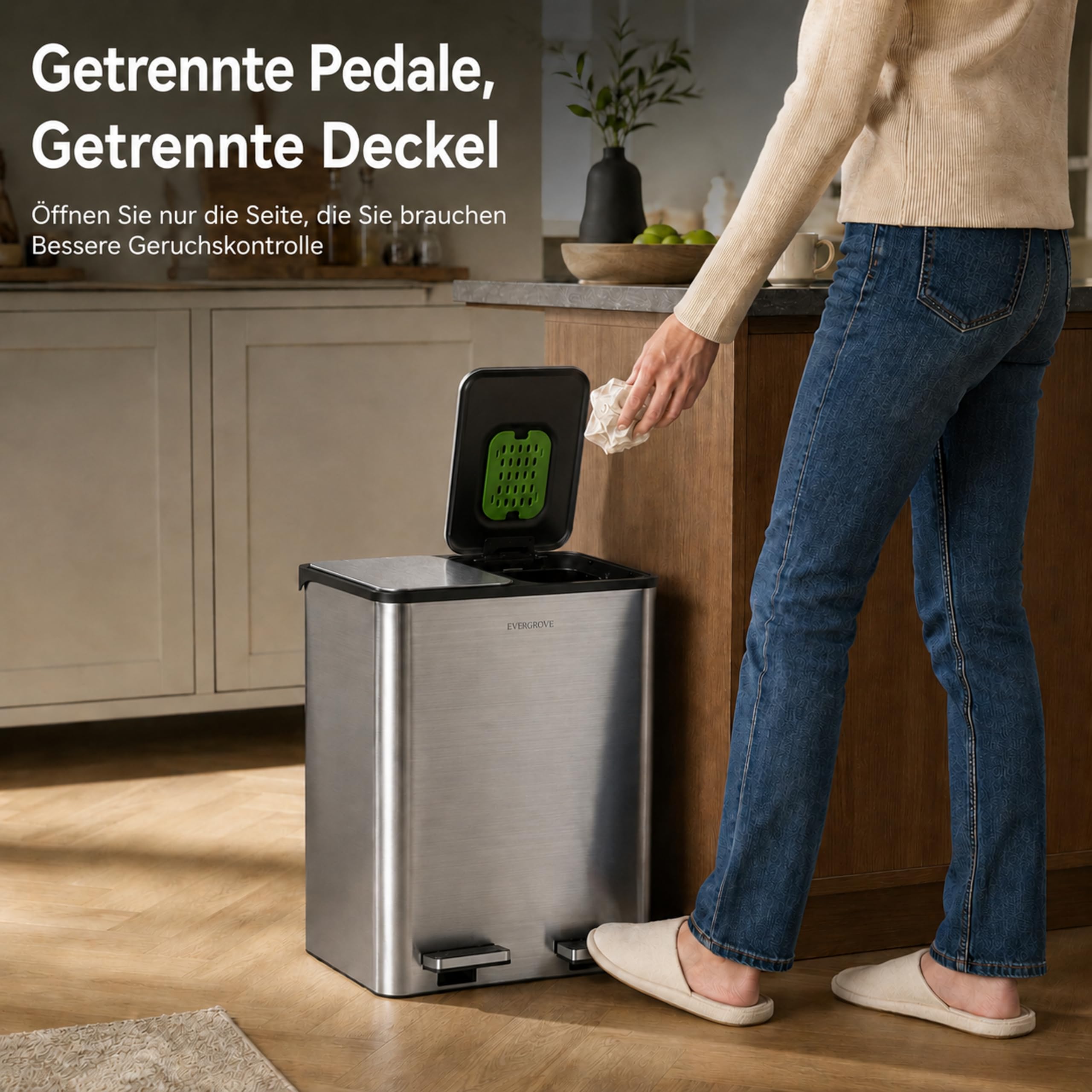 EverGrove 30-Liter-Mülltrennsystem, 2 x 15 L (Silber) | Gehäuse, Deckel und Pedale aus Edelstahl; zwei PP-Inneneimer, sanft schließende Deckel und ein eingesetzter Geruchsfilter.