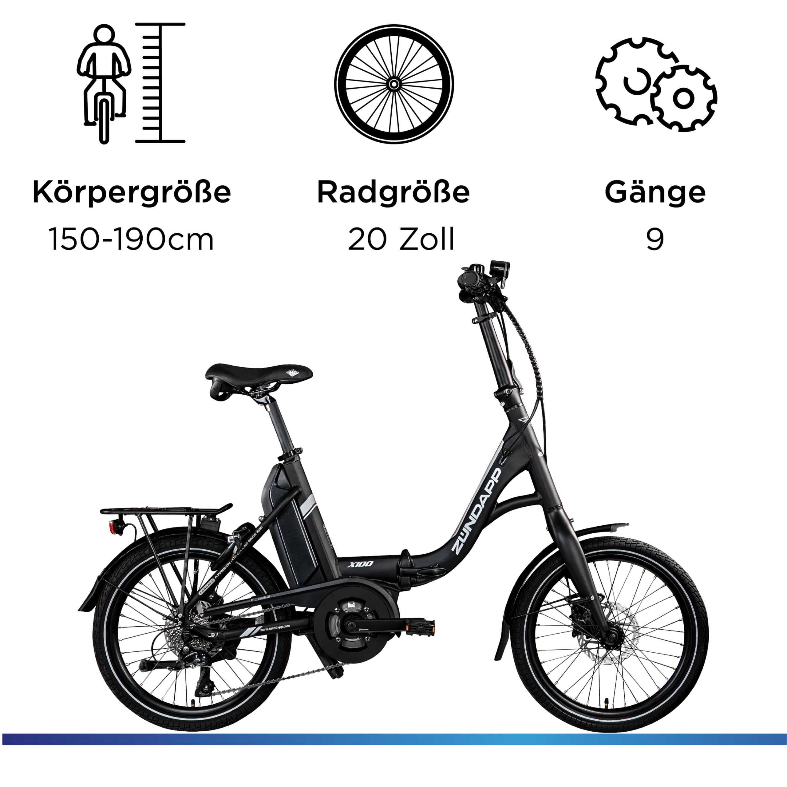 ZÜNDAPP X100 E Bike 20 Zoll Klapprad für Damen und Herren 150-190 cm Bosch Ebike Mittelmotor mit 9 Gang Nabenschaltung Elektro Fahrrad 400 Wh Akku Faltrad