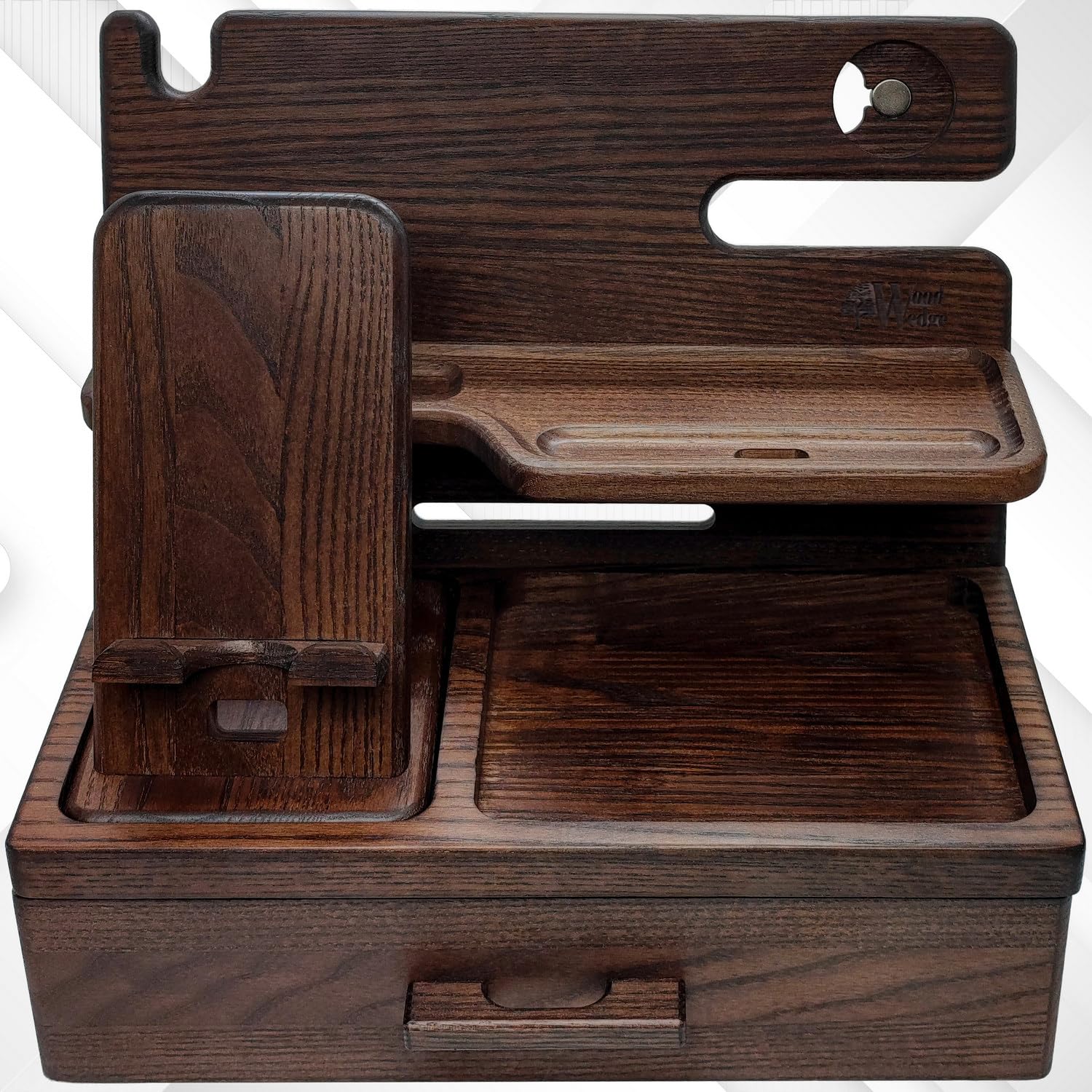 Wood Wedge Handgefertigte Holz Dockingstation – Nachttisch & Schreibtisch Organizer mit Handyhalter & Schublade – Geschenk für Männer & Frauen