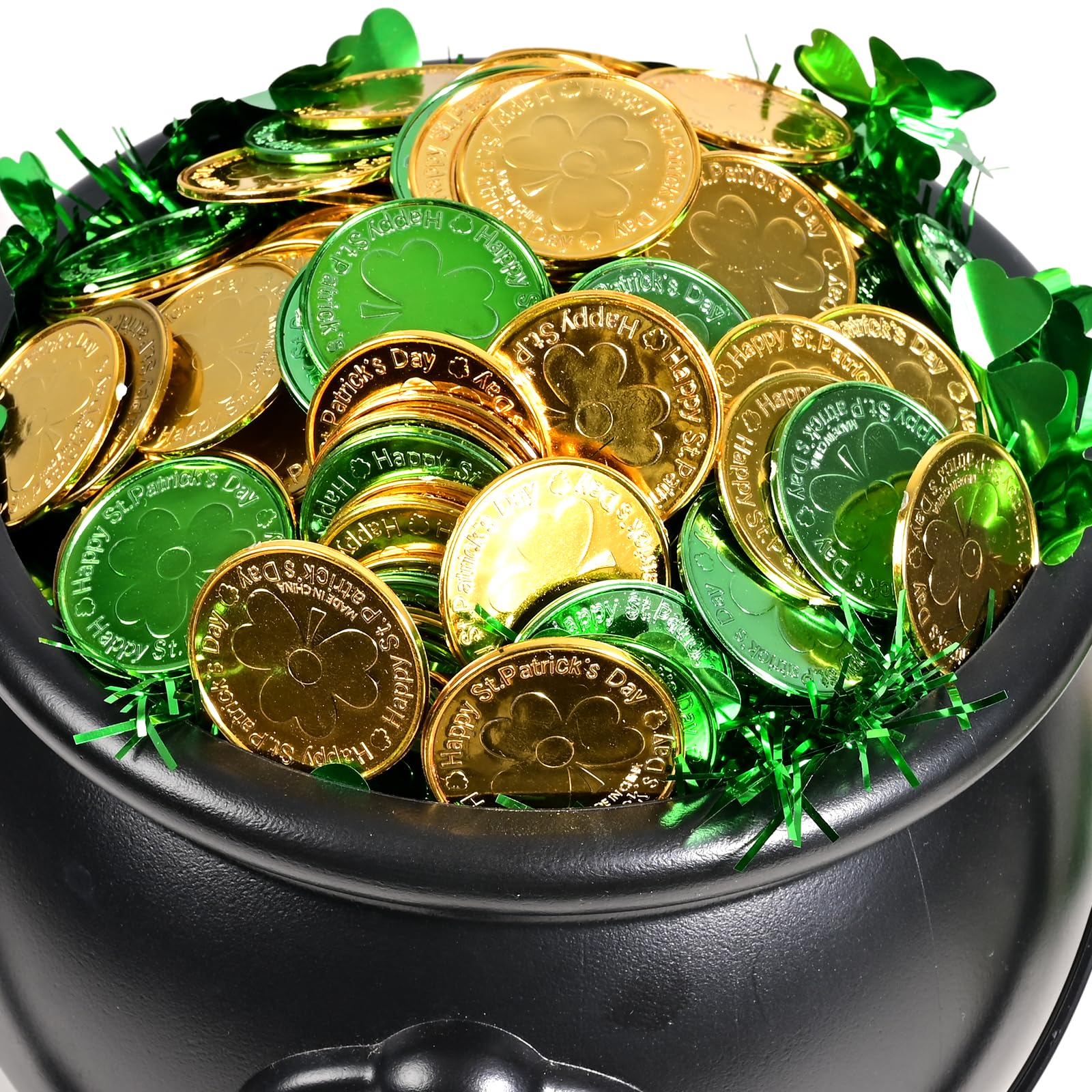 EnriQ 160 PCS St Patricks Day Gold Coins - Shamrock Gold Green Lucky Coins Plastic Leprechaun Coins 3-Leaf Clover Coin for St Patricks Day Decorations Party Favors - 3