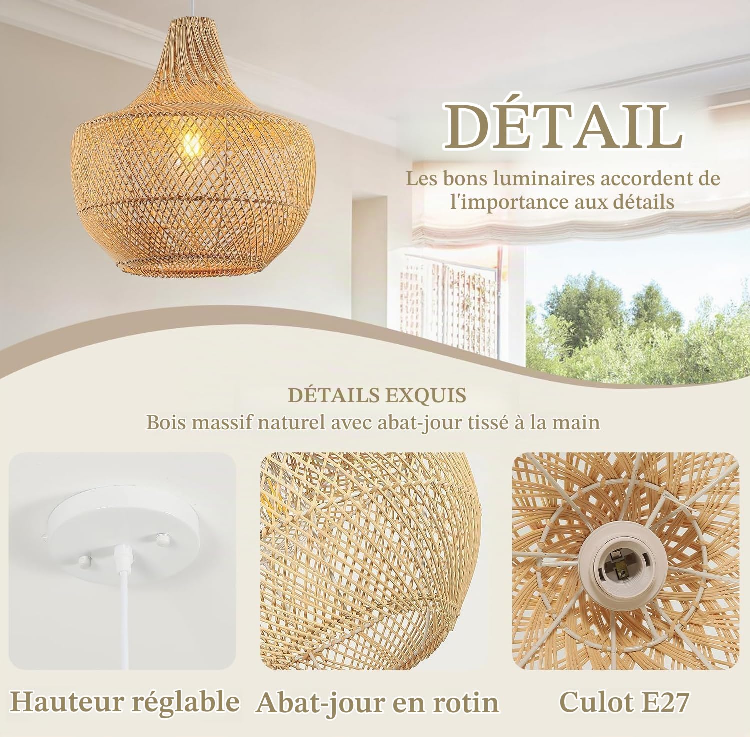 Boho Lustre Salon Rotin,34Cm Tissé à La Main Suspension Luminaire Ferme E27 Luminaires IntéRieur Pour Cuisine Chambre Salon Salle à Manger