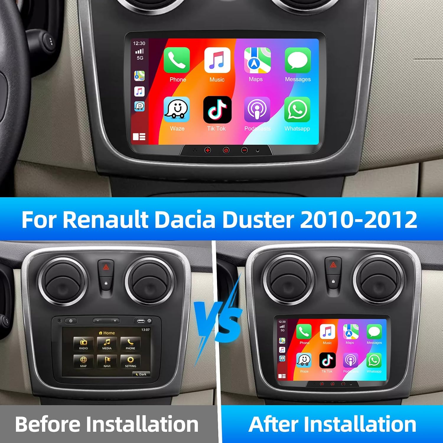 Image showing the Podofo car radio installed in a Renault Dacia Duster dashboard, comparing before and after installation.