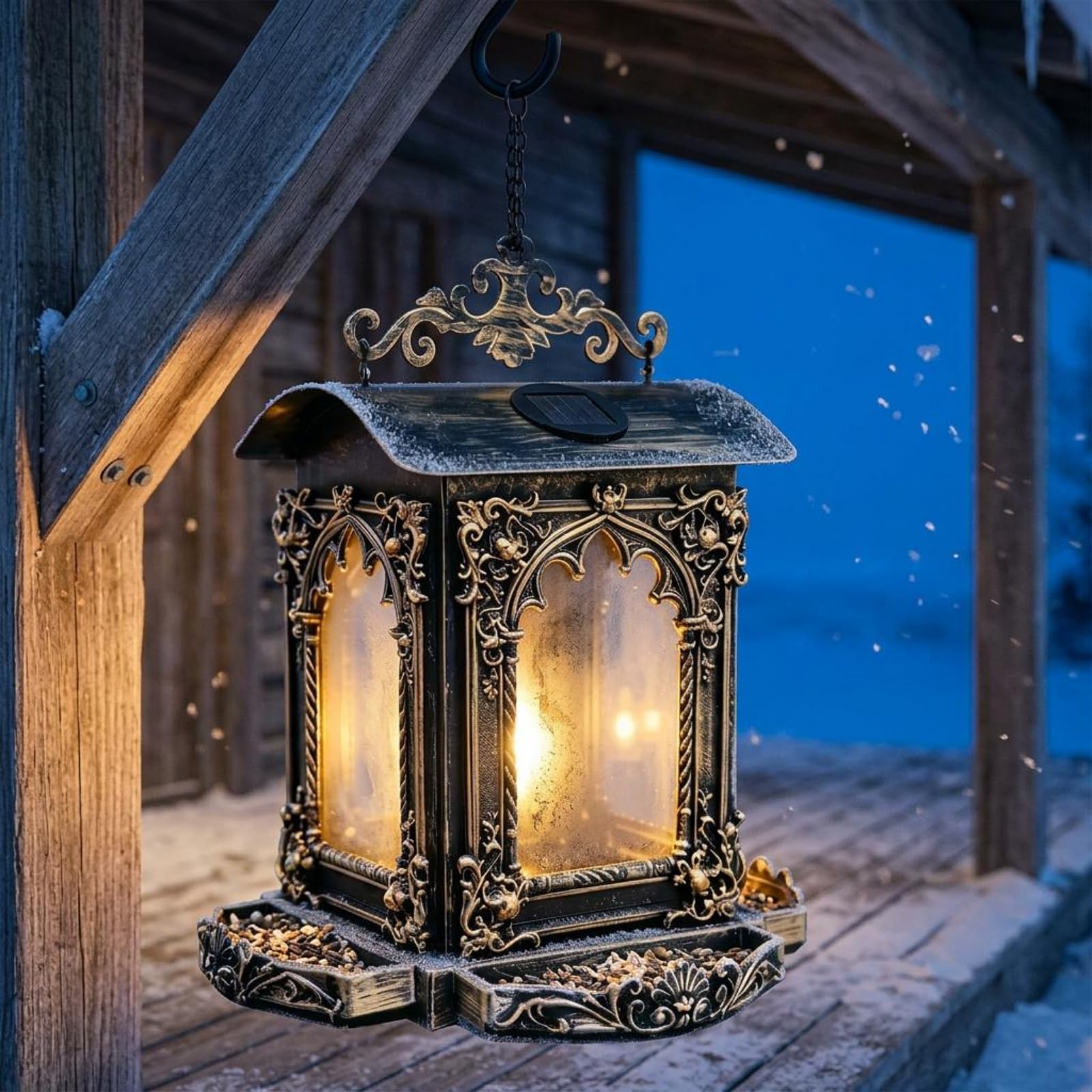 Mangiatoia per Uccelli da Esterno Mangiatoio Sospeso Distributore Appendibile Lanterna Solare in Struttura a Catena Adatta per Giardino Balcone, Stile Retrò Migliorato Con Pannello Solare