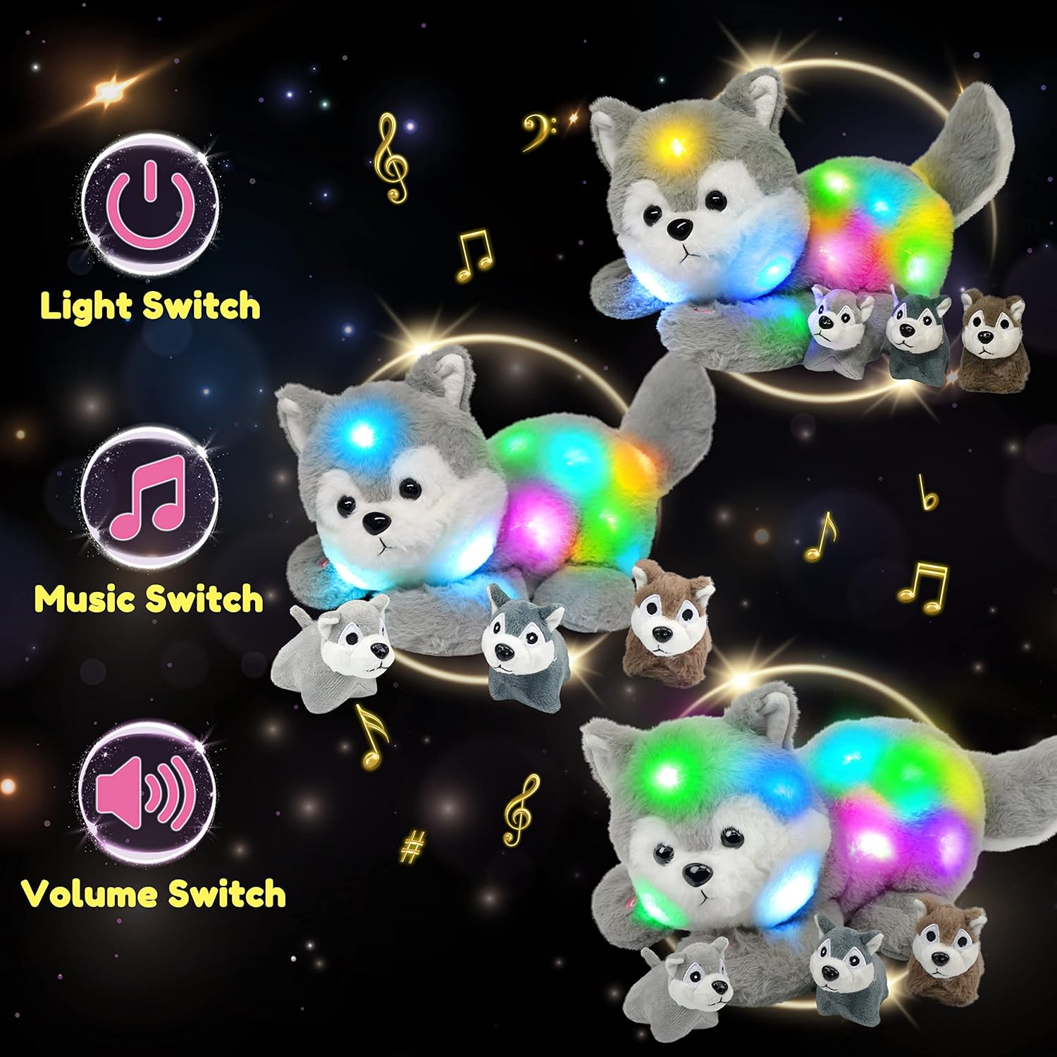 Hopearl LED Musical Stuffed Husky Lighting Up Singing Plush Toy Playset Mommy Dog with 3 Baby Puppies in her Tummy Lullaby Animated Soothe for Mom Toddler Girls, Gray, 17''