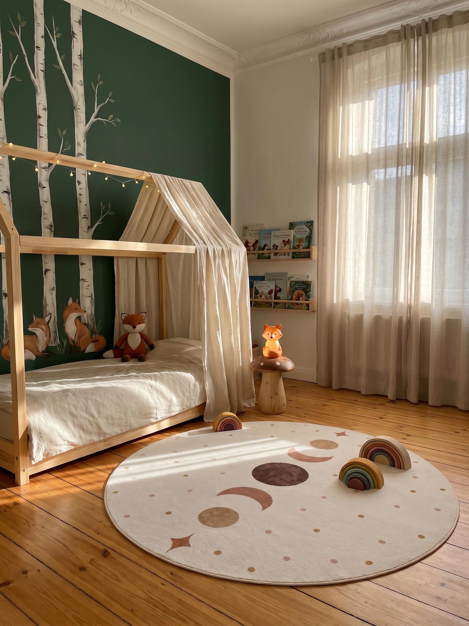 Kinderteppich Mondphasen Waschbar Maschinenwaschbar Spielteppich Jungen Mädchen Kinderzimmer Schadstoffgeprüft Kurzflor Rund Creme 200x200 Oeko-TEX | Tino