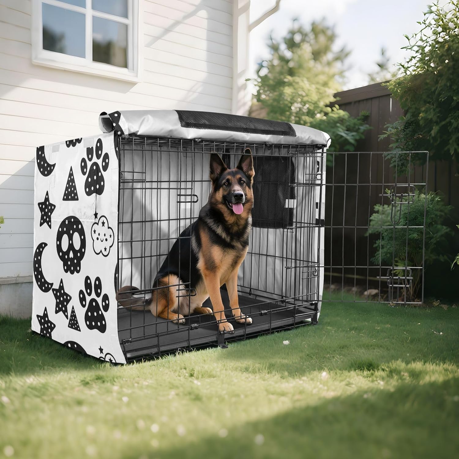 Duty 600D Silver Coated Dog Crate Cover, Water-Resistant Skeleton Print Pet Kennel Canopy with Mesh Windows for Optimal Ventilation, Universal Fit for Standard Wire Cage, Indoor & Travel