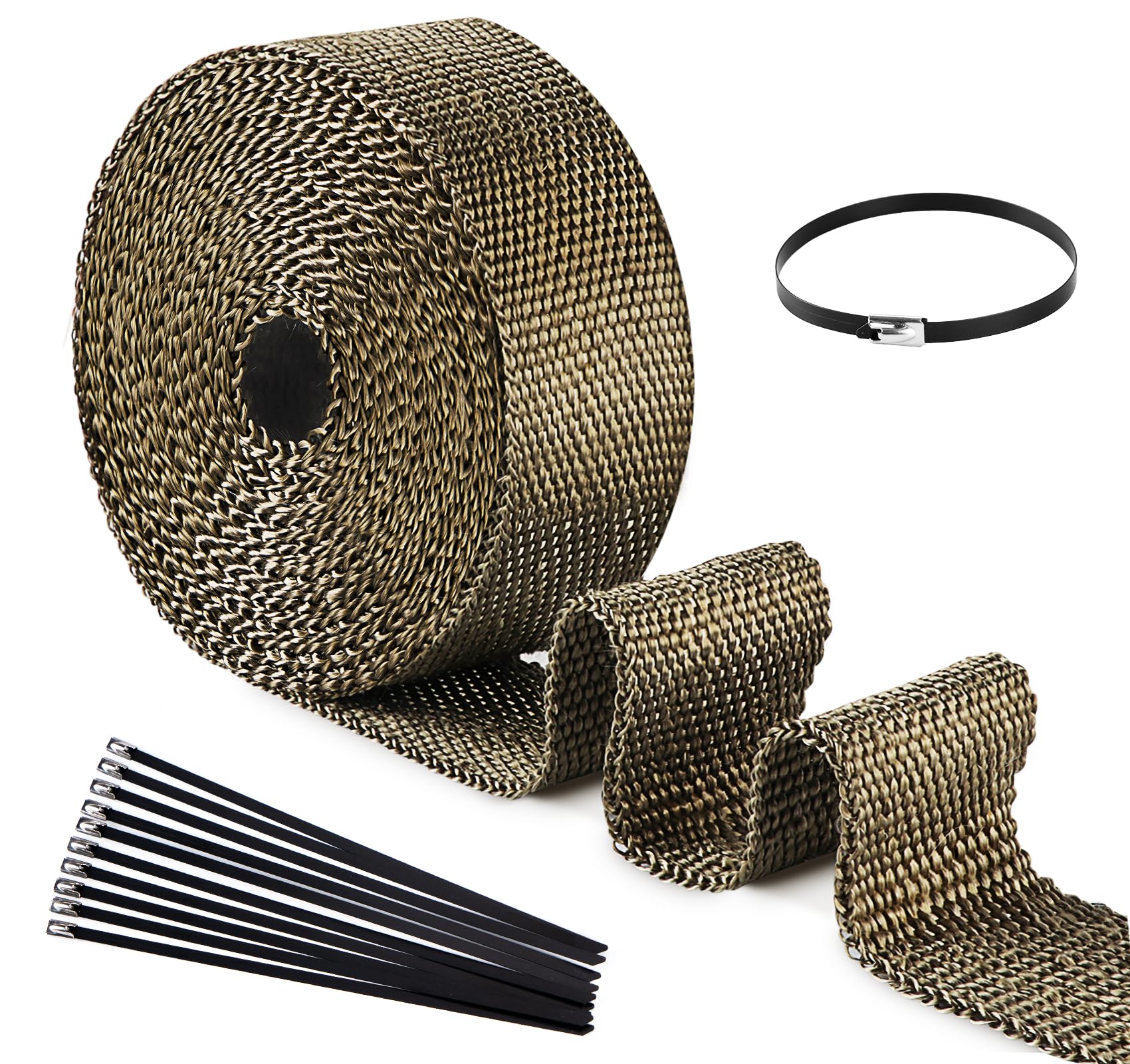 ilauke Taśma termiczna do wydechu 5 m x 50 mm, z 10 opaskami kablowymi ze stali nierdzewnej, brązowa taśma termiczna Fibre de Titane, odporna na wysoką temperaturę do 1200°C, do motocykli, samochodów