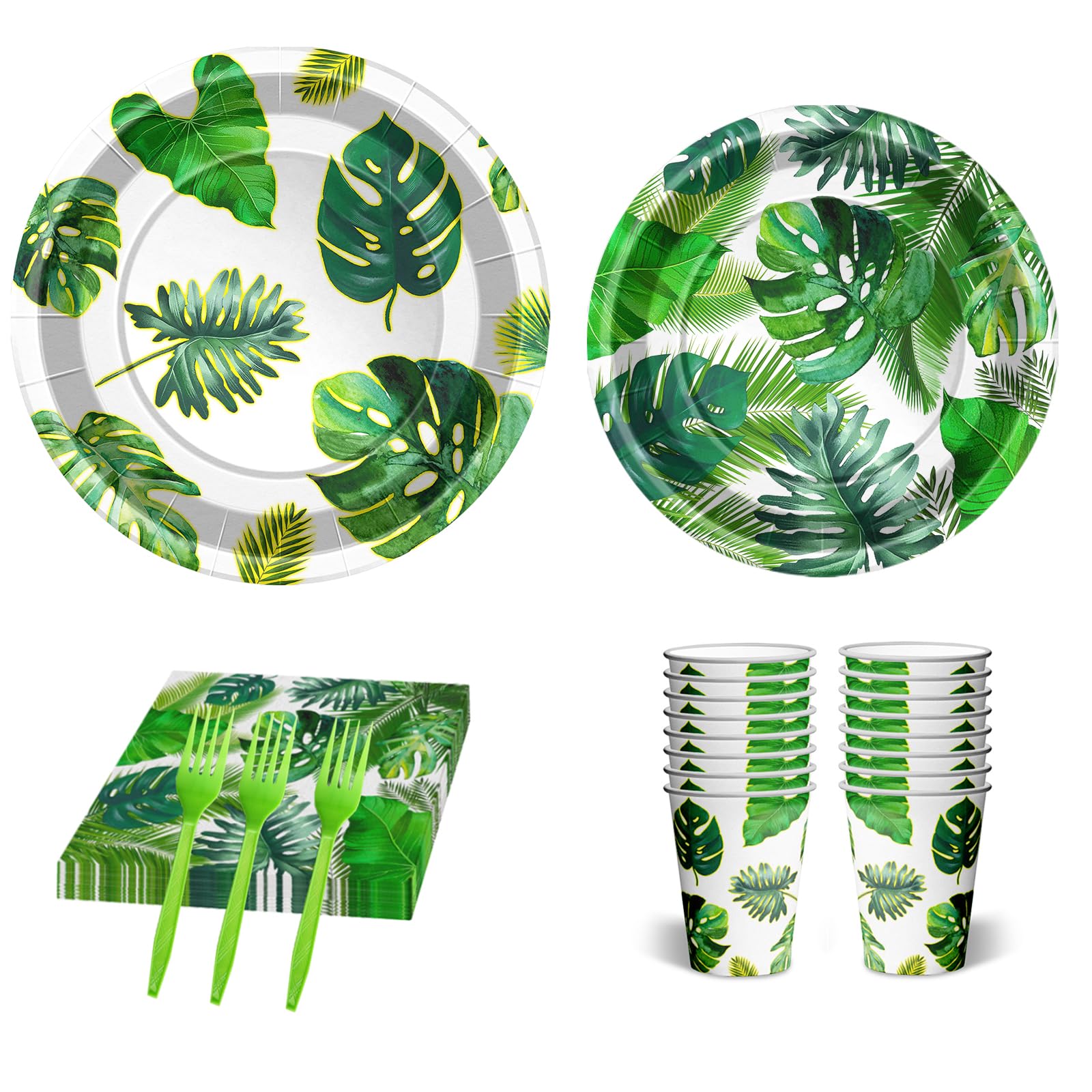 84Pcs Hawaiian Luau Party Supplies Set Tropical Green Palm Leaf Disposable Plates Cups and Napkins Disposable set for Summer,Beach (Palm Leaf)